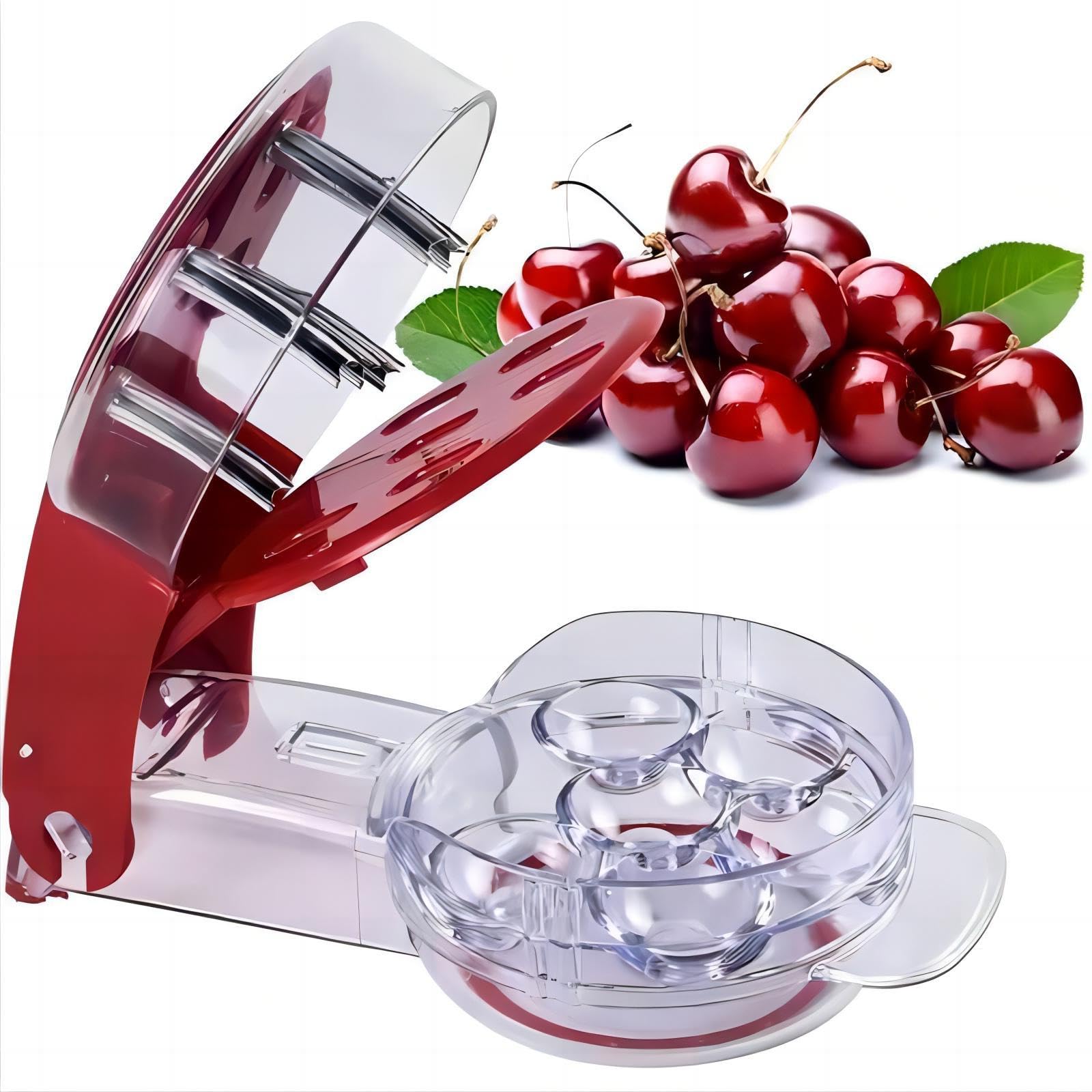 Stainless Steel Cherry Pitter - 6 Cherry Seed Remover Tool with Juice Container - Perfect for Baking, Canning, and Making Cherry Pies (Red)