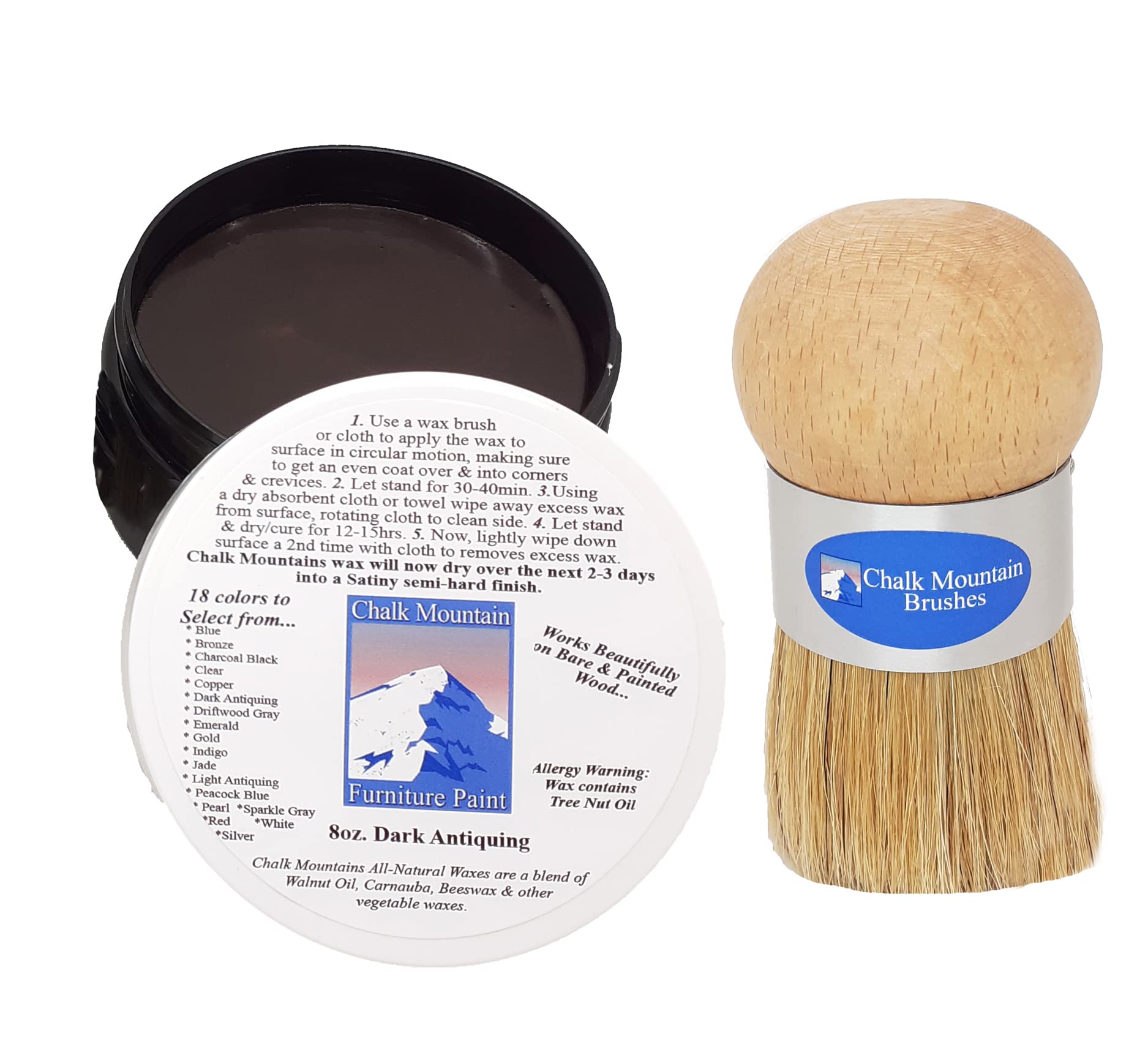 Chalk Mountain Brushes - Original Palm Brush & 8oz All Natural Dark Antiquing Furniture Finishing Wax (2 Pack) | Perfect for Wood Restoration, DIY Furniture Projects & Vintage Home Decor