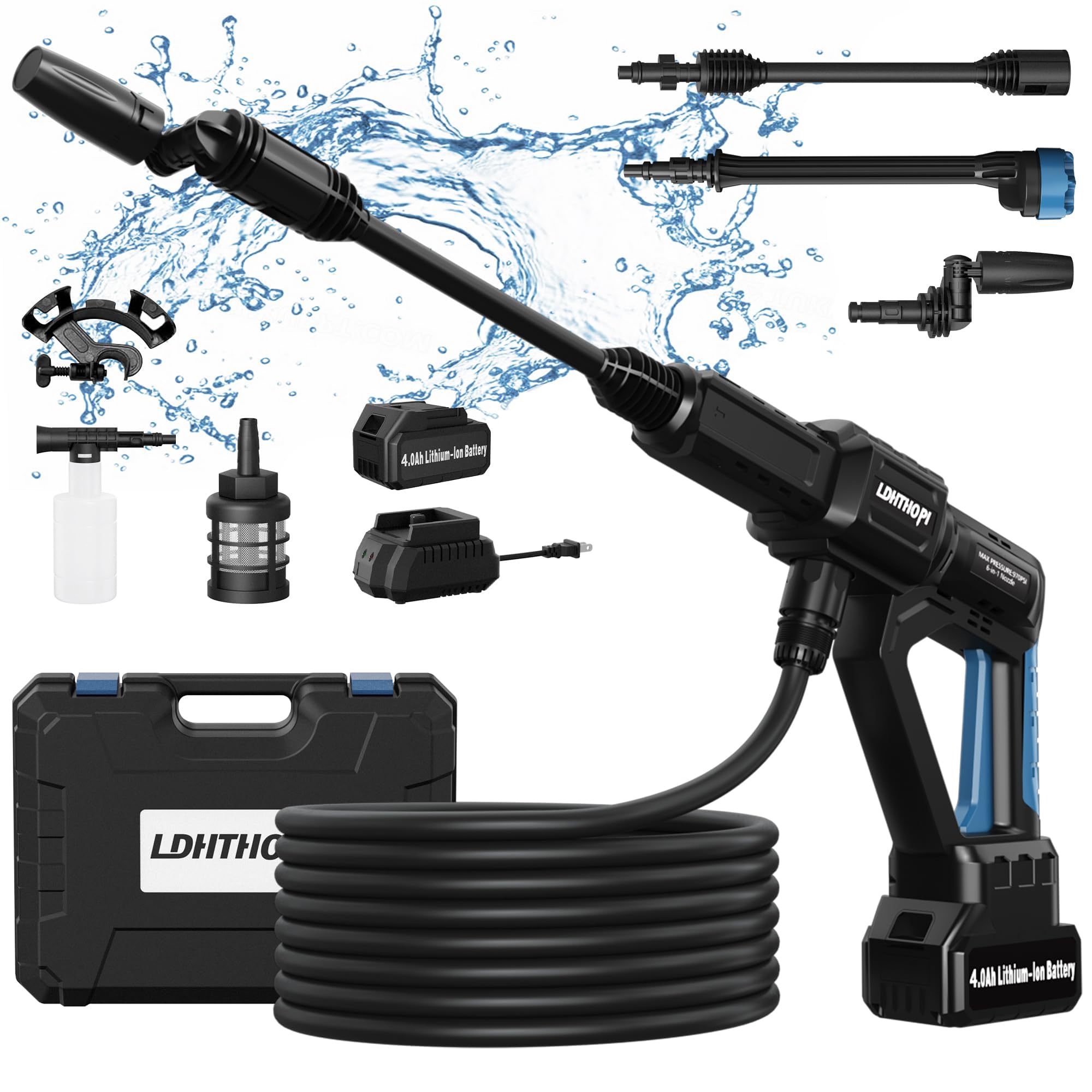 6-in-1 Cordless Pressure Washer with 970PSI & 4.0Ah Battery - Electric Power Washer for Cars, Garden, Yard, Deck Cleaning - Perfect for Home, Patio, Driveway and Outdoor Surfaces