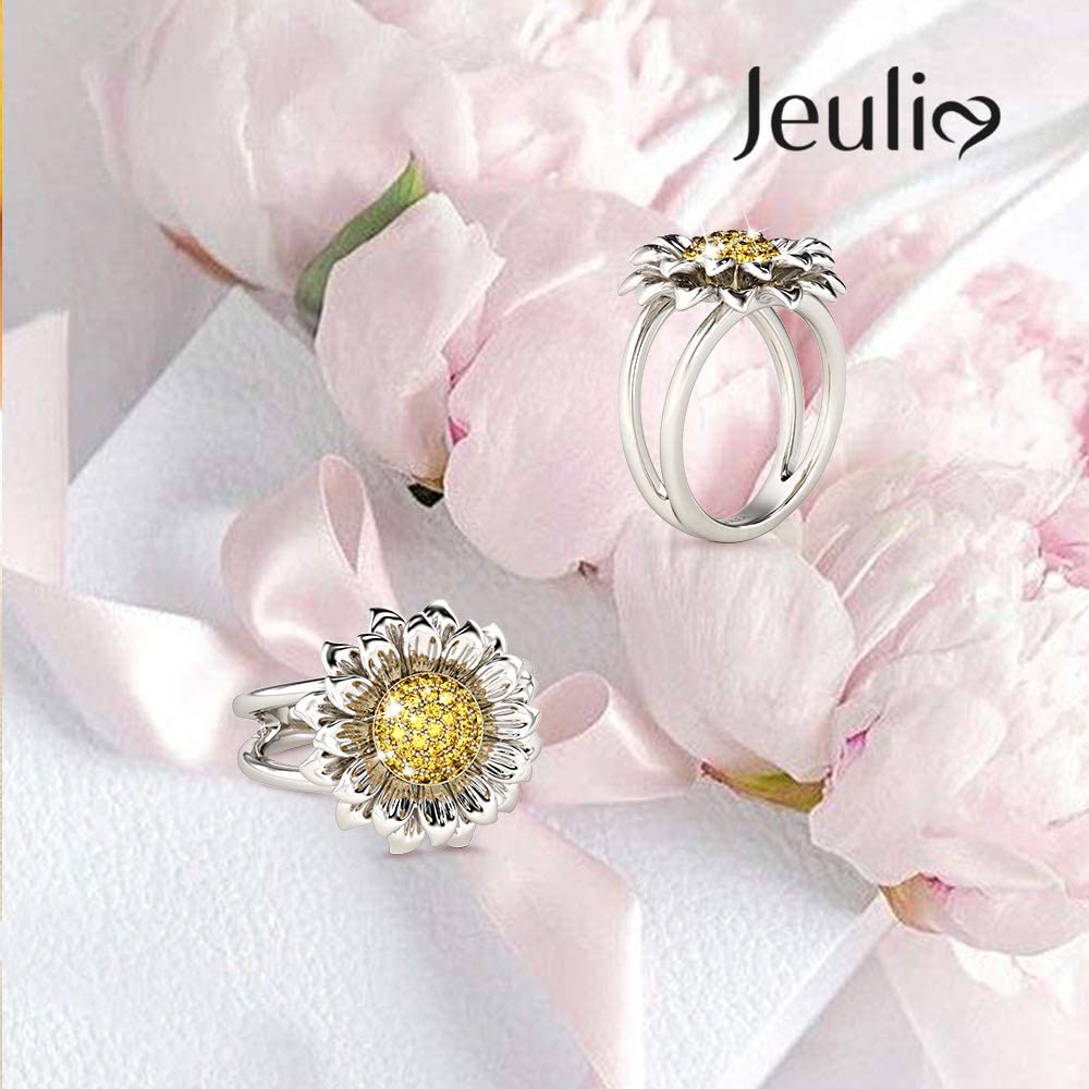 Jeulia S925 Sterling Silver Sunflower Daisy Ring for Women - Intertwined Hawaiian Flower Halo Engagement Ring Set - Bridal, Anniversary Jewelry Gift - Perfect for Weddings, Beach Vacations & Boho Fashion