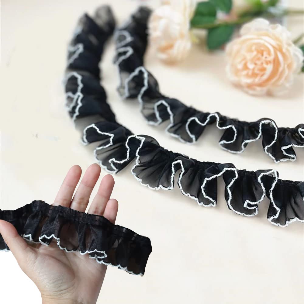 Black and White Ruffled Pleated Lace Fabric - 3 Yards Chiffon Trim for Dress Decoration, Tulle Applique, DIY Sewing & Craft Projects - Perfect for Wedding Dresses, Costumes, and Home Decor