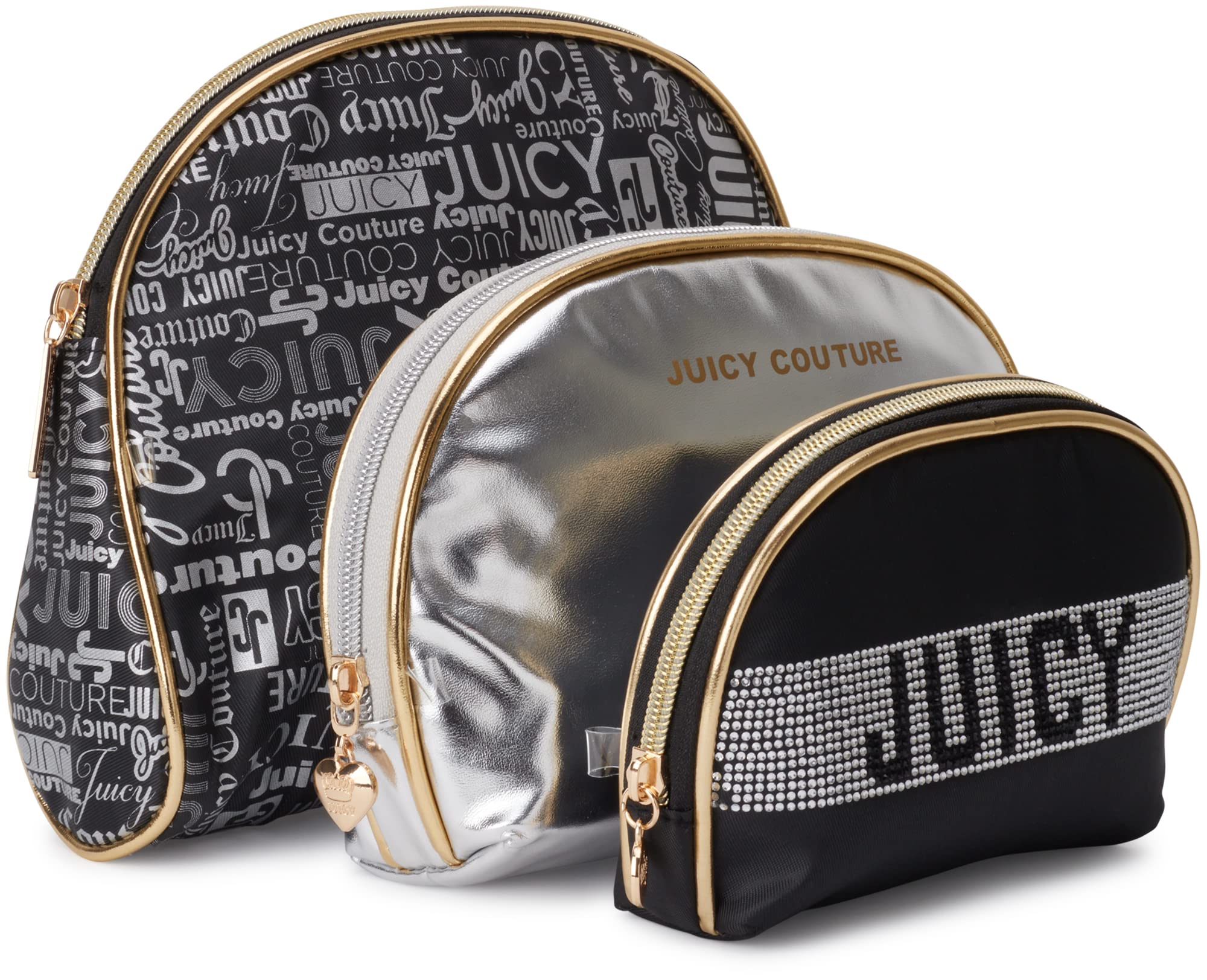Juicy Couture Women's Travel Toiletry Set - 3-Piece Makeup & Cosmetic Bag with Clutch and Coin Purse, Black Metallic (One Size) | Perfect for Vacation, Gym, and Everyday Essentials Organization