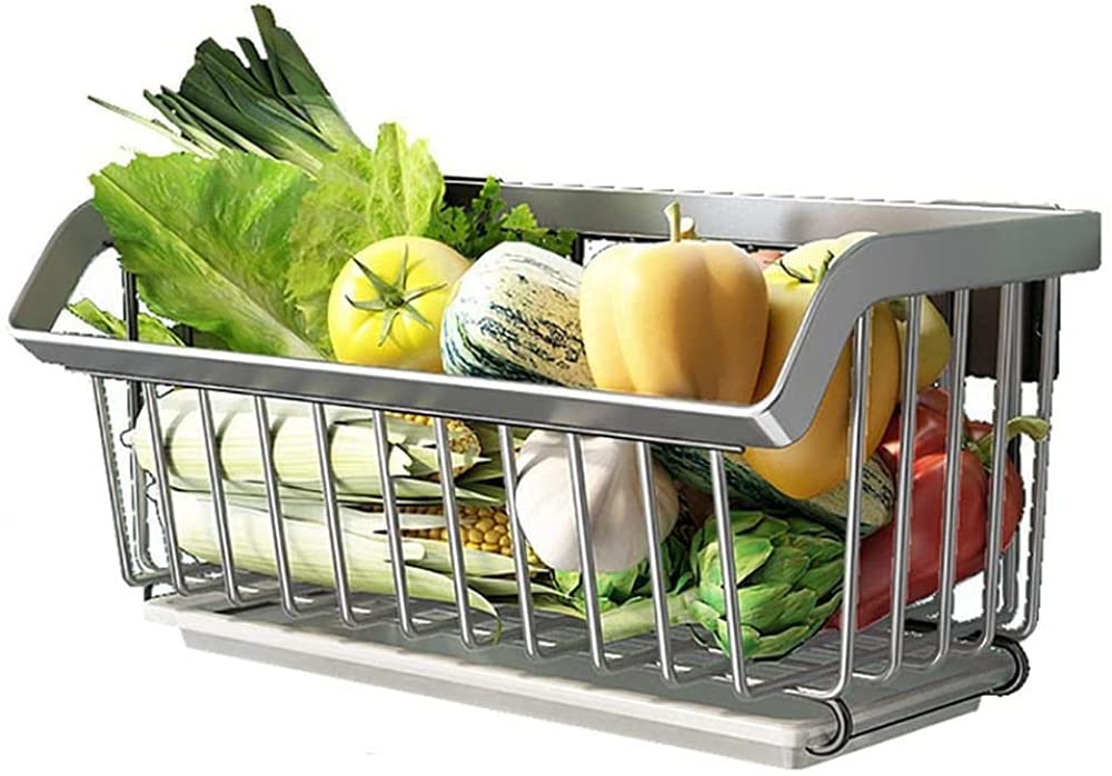 Stainless Steel 1-Tier Wall Mounted Fruit and Vegetable Basket - Drained Kitchen Storage Rack for Organizing Fruits, Veggies & Sponges - Perfect for Small Spaces, Bathroom & Pantry Organization (Silver)