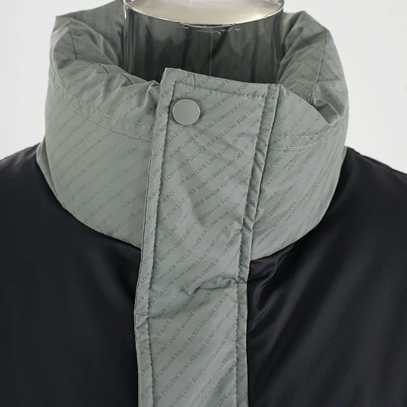 American Style Men's Cotton Jacket - Stand Collar Patchwork Letter Print Contrast Color Thick Padded Coat CPG2529 | Winter Outerwear for Casual Wear & Street Fashion