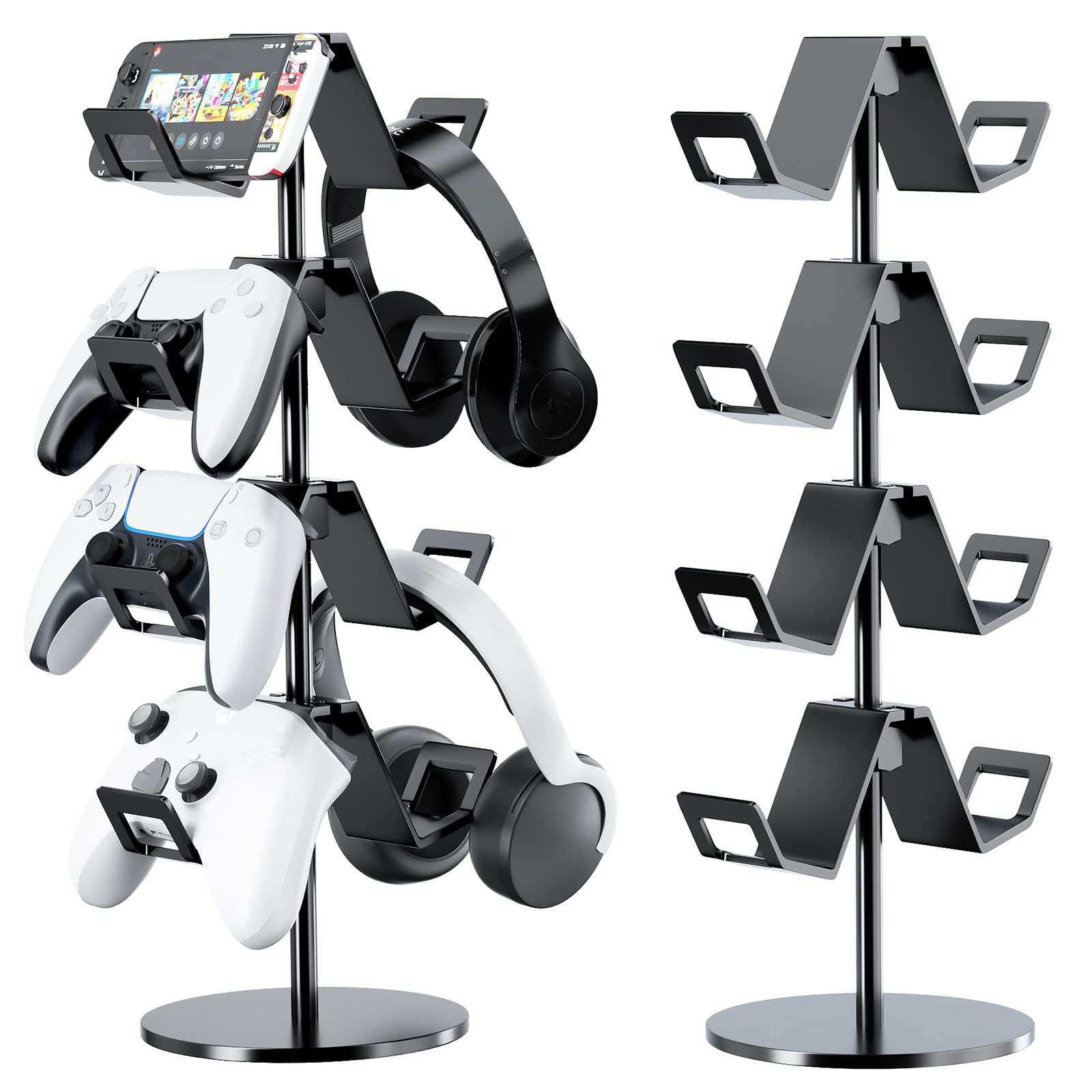 4-Tier Adjustable Controller & Headphone Stand for Xbox PS5 PS4 Switch Pro - Universal Gaming Accessories Organizer with Desk/Floor Mount - Perfect for Gaming Setup & Home Office (Black)