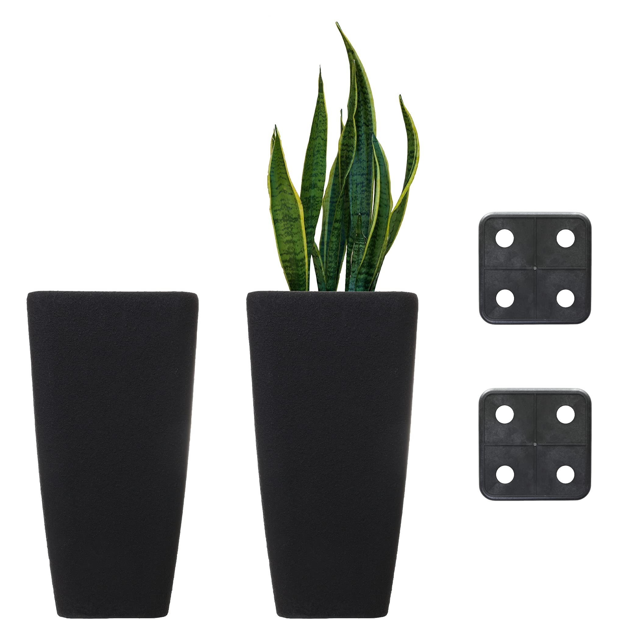 Stephan Roberts 22 Inch Tall Rectangle Planters - Lightweight Durable Indoor Outdoor Flower Pots with Drainage Holes & Soil Saver Shelf - Gardening Planters for Trees, Plants, Flowers (Set of 2, Black) - Perfect for Patio, Garden, Balcony & Home Decor