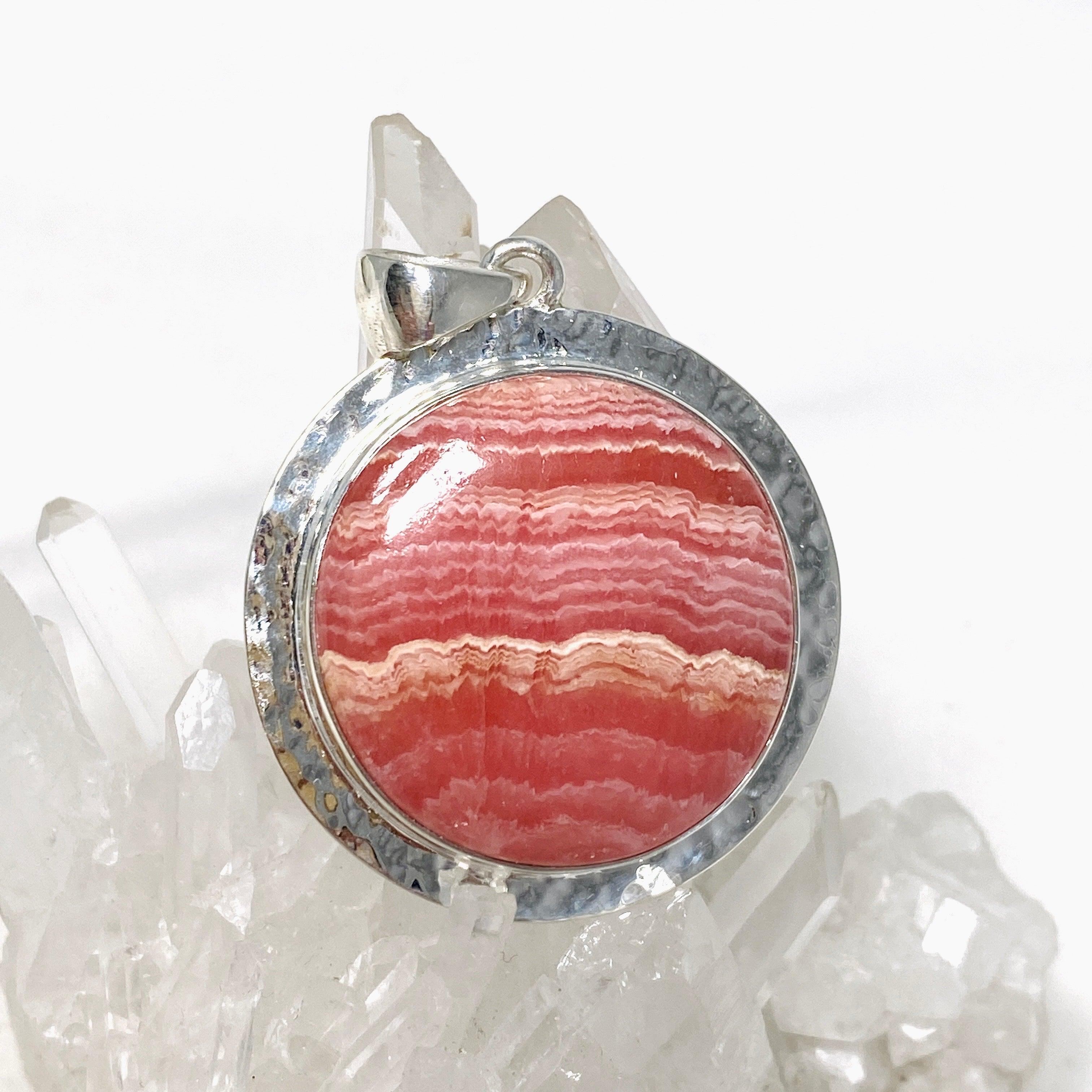 Rhodochrosite Round Pendant Necklace - Hammered Sterling Silver Setting KPGJ4321 | Healing Crystal Jewelry for Meditation & Energy Balancing