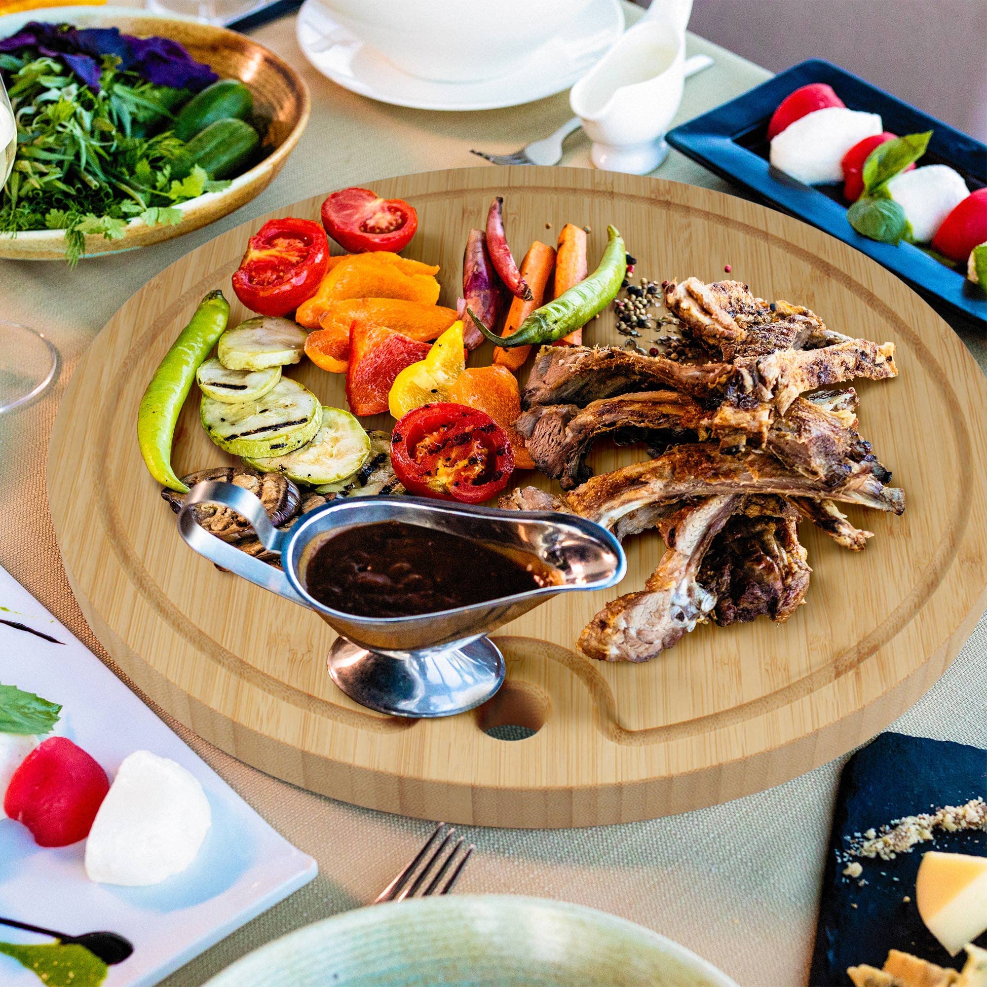 Premium Bamboo Round Cutting Board & Charcuterie Serving Tray - 15