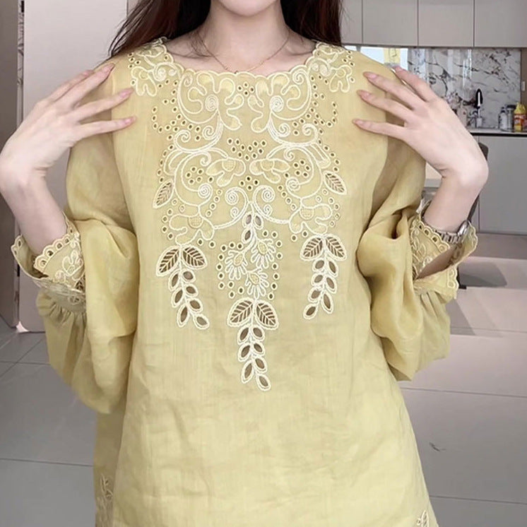 2025 Trendy Women's Embroidered Hollow-Out Luxury Shirt - Breathable Loose Fit Spring Summer Blouse for Casual Wear & Vacation Outfits