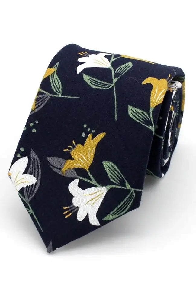 L.A. Smith Navy Blue Tie and Pocket Square Set with Mustard Lily Pattern - Perfect for Weddings, Business Meetings & Formal Events