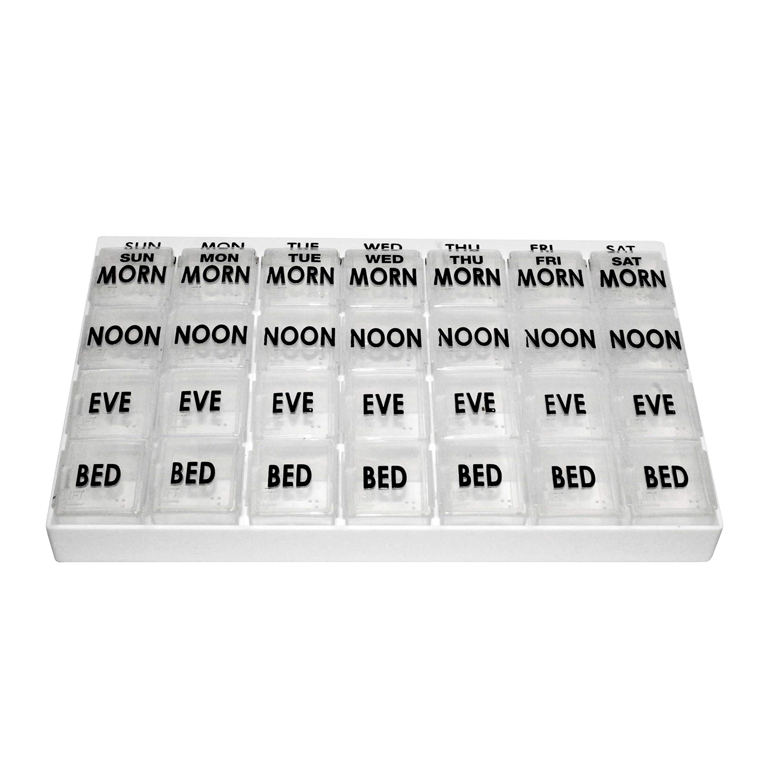 28 Compartment Weekly Pill Organizer - Daily Medicine Box for Vitamins & Supplements - Perfect for Travel, Home & Office Use