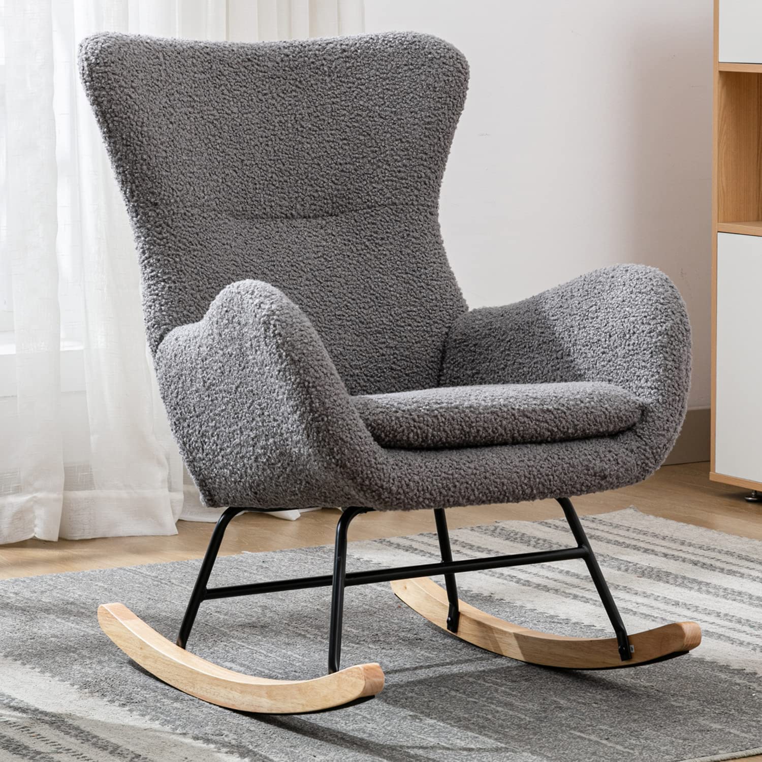 Modern Rocking Chair - Plush Upholstered Accent Chair with High Backrest & Armrests, Nursery Glider Rocker for Baby Room, Living Room & Bedroom (Grey) - Perfect for Nursing, Relaxing & Home Decor