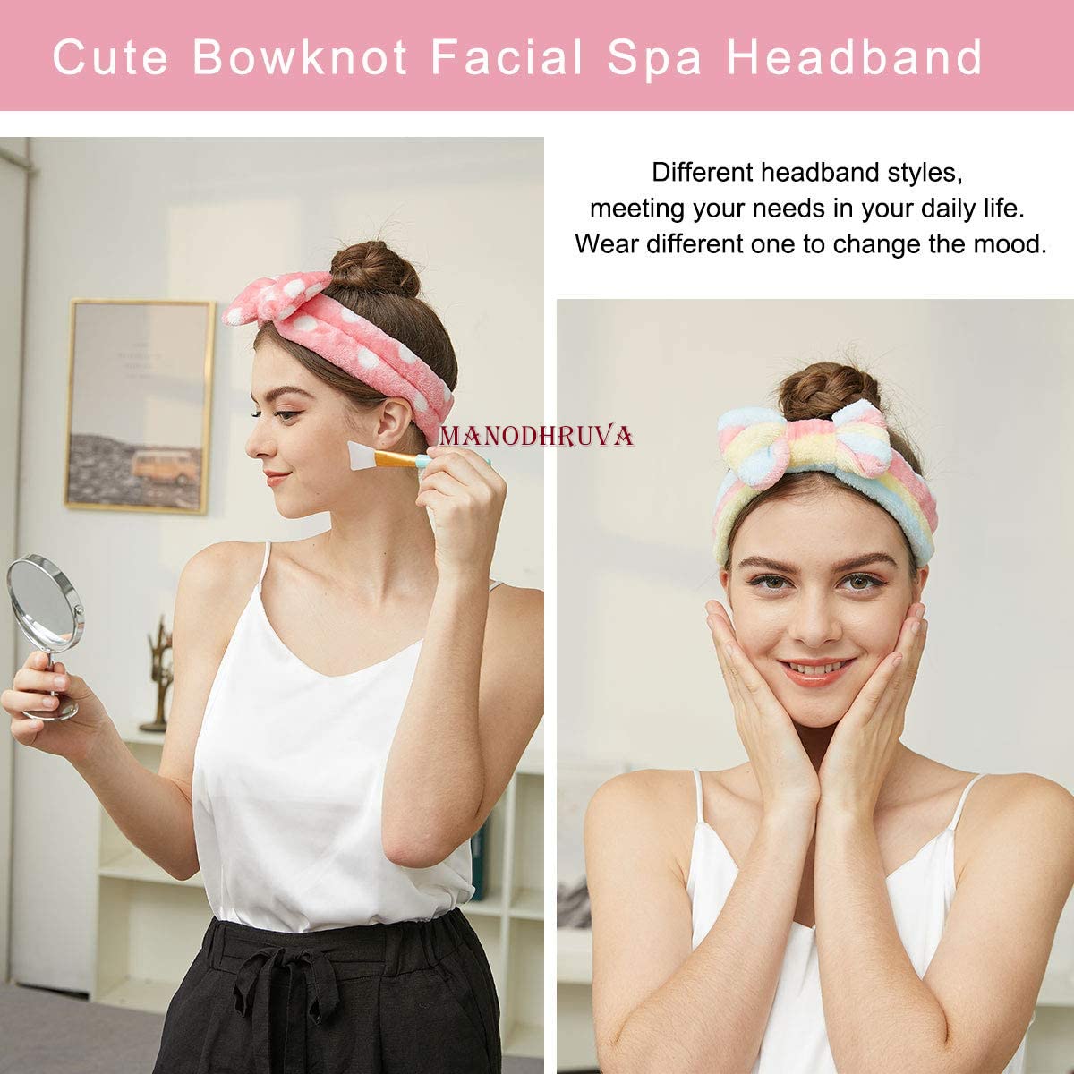 MANODHRUVA 2-Pack Soft Spa Headbands for Women - Adjustable Hair Wrap for Face Wash, Skincare, Makeup & Beauty Routine (Multicolor) - Perfect for Home Spa, Salon & Self-Care Days