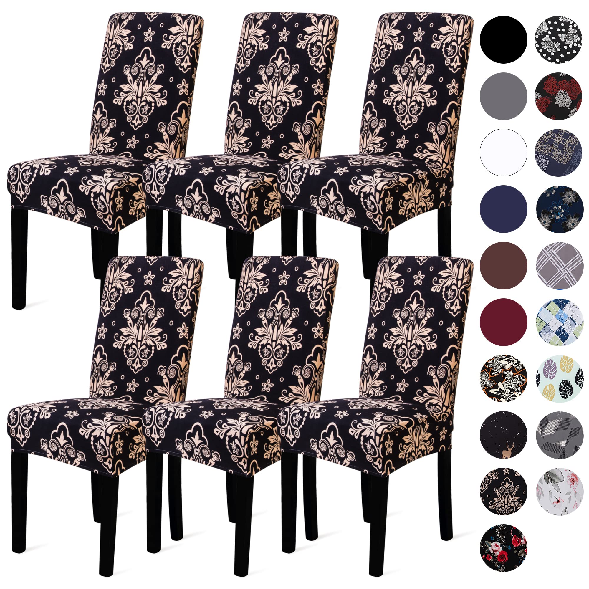 Stretch Dining Chair Covers Set of 6 - Spandex Slipcovers for Kitchen & Parsons Chairs, Black & Khaki - Perfect for Home Dining Room & Restaurant Use