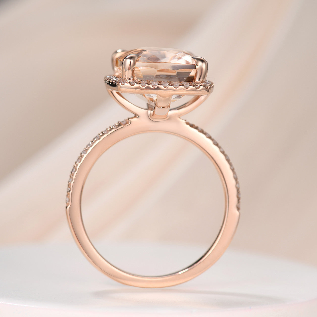 5 Carat Rectangular Cushion Cut Morganite Engagement Ring with Halo & Claw Prongs in 14k Rose Gold - Perfect for Proposals, Anniversaries & Stackable Wedding Bands