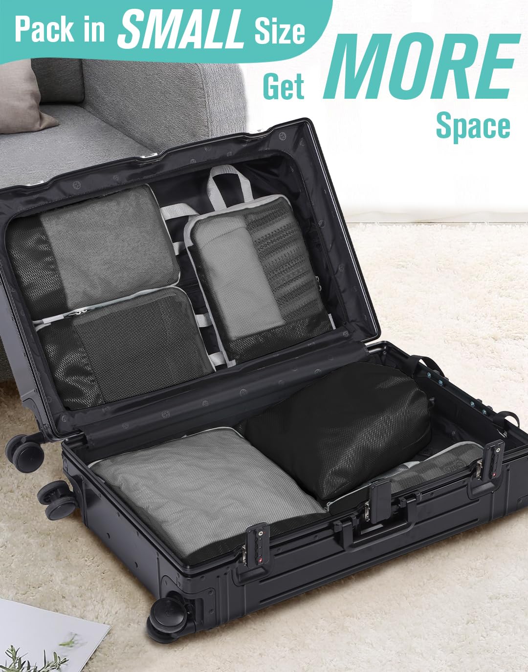 WOOMADA 6-Piece Compression Packing Cubes Set - Expandable Mesh Travel Organizer for Suitcases & Luggage | Perfect for Business Trips, Vacations & Weekend Getaways