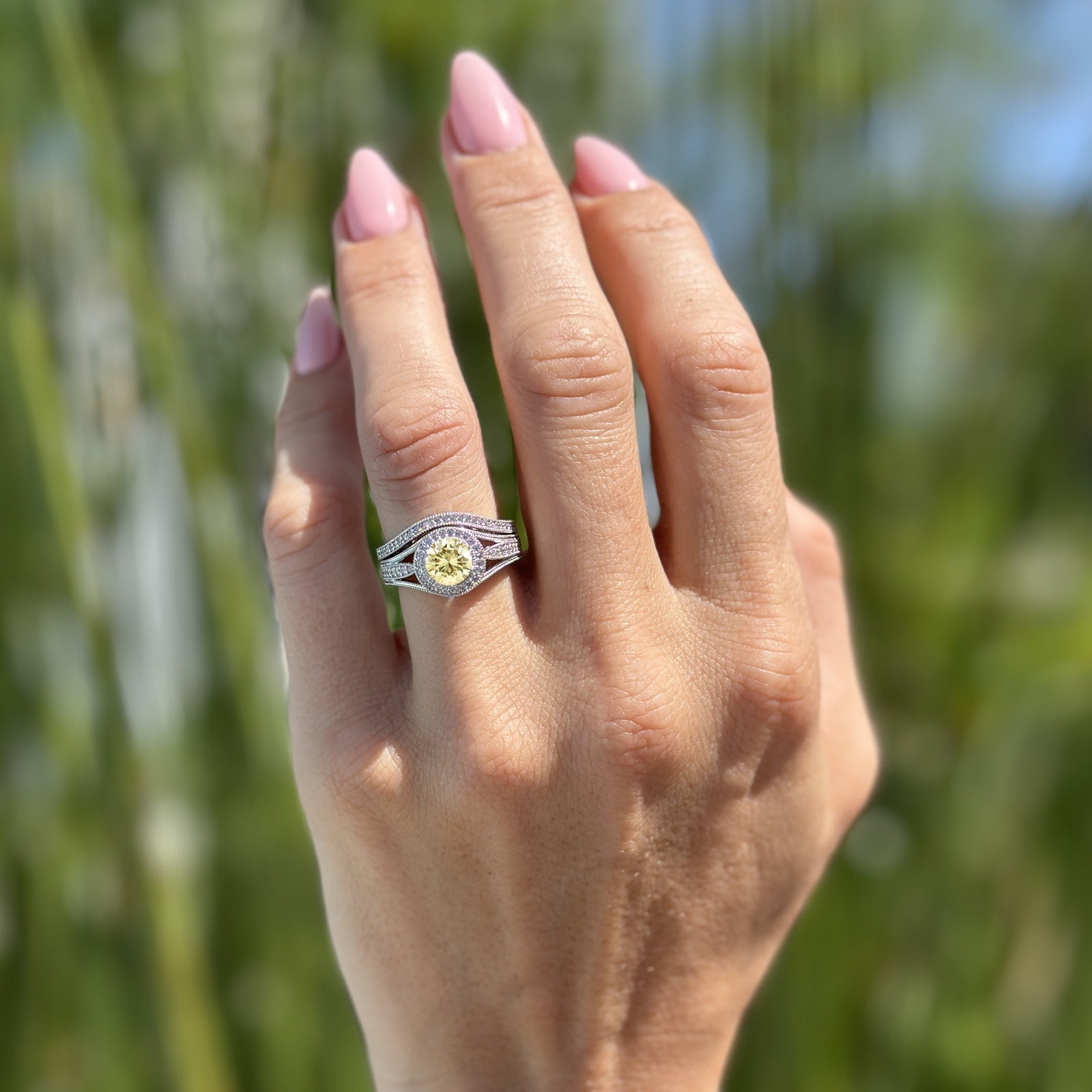 14K Yellow Gold Two Piece Round Halo Split Shank Curved Contour Band CZ Ring - Elegant Wedding Band, Anniversary Gift for Her, Perfect for Bridal Jewelry & Special Occasions