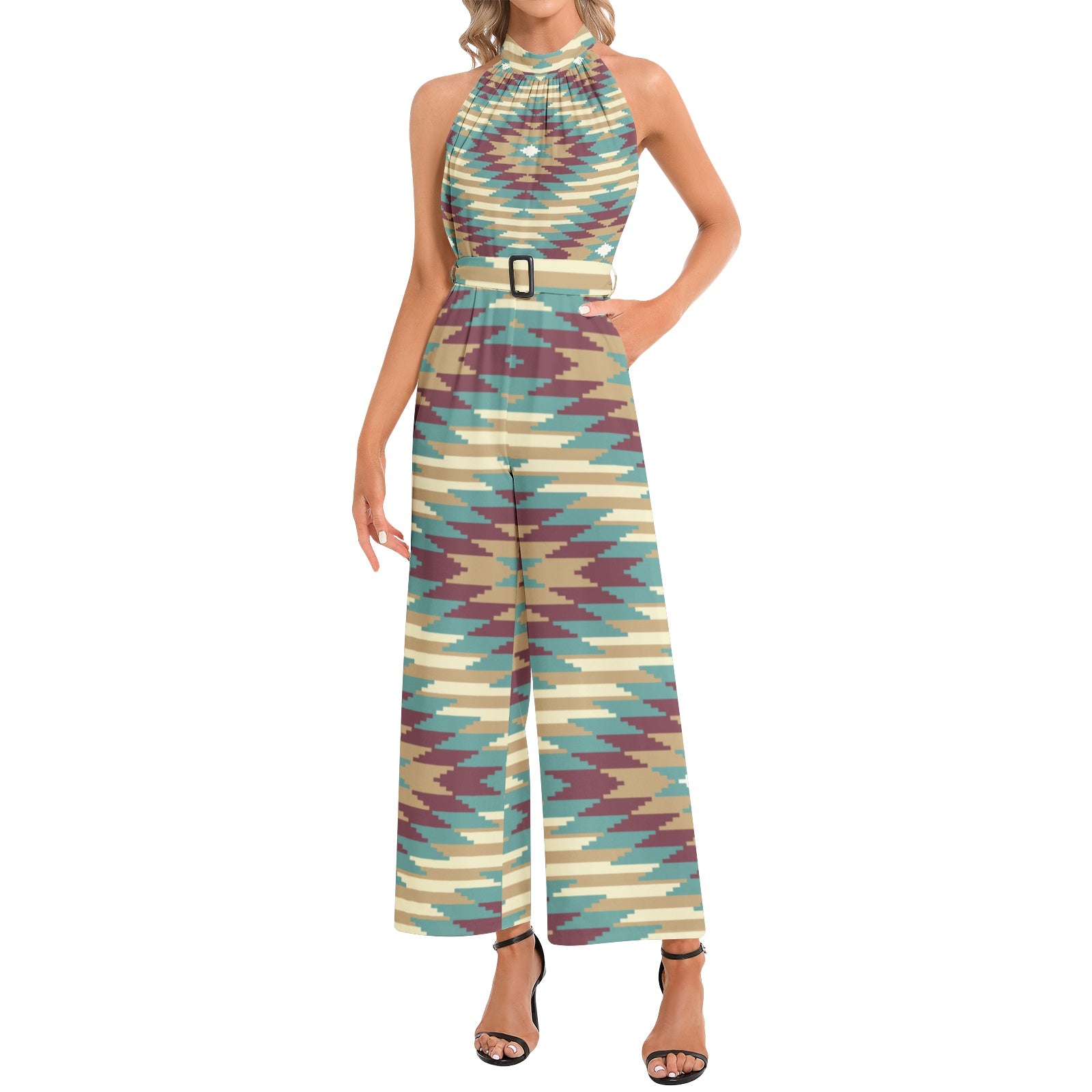 Women's Halter Neck Buckle Belted Jumpsuit - Stylish One-Piece Romper for Summer Outfits, Beach Wear & Casual Occasions