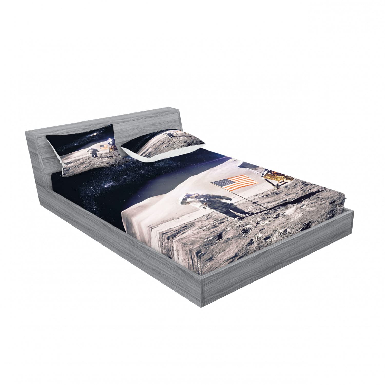 Ambesonne Space Themed 2-Pack Full Size Fitted Sheet Set with 4 Pillow Shams - Astronaut Moon Mission Bedding Collection in Taupe Blue - Perfect for Kids' Rooms, Space Enthusiasts & Themed Bedroom Decor