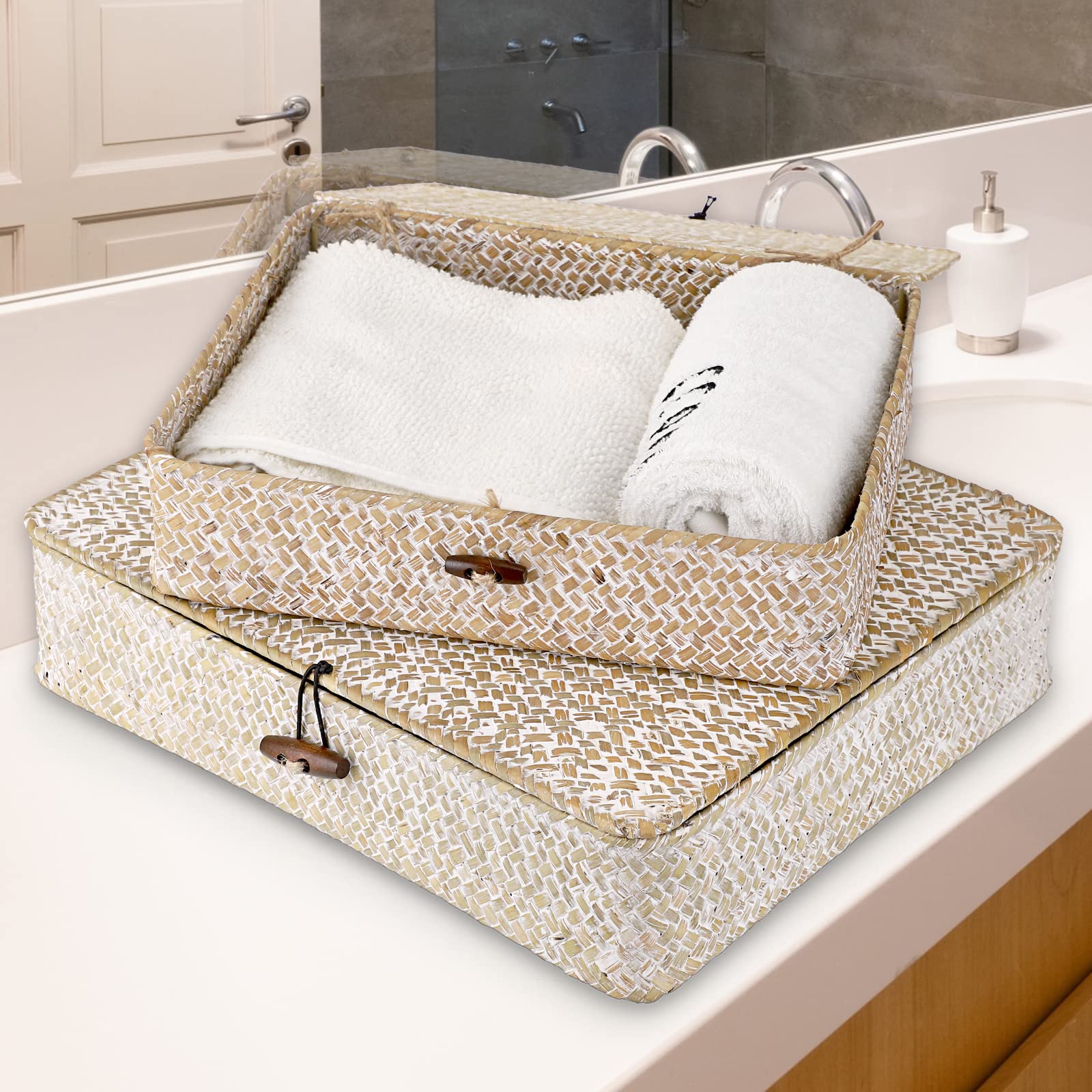 Natural Seagrass Storage Bins with Lids - 2-Pack Wicker Organizer for Home & Shelf