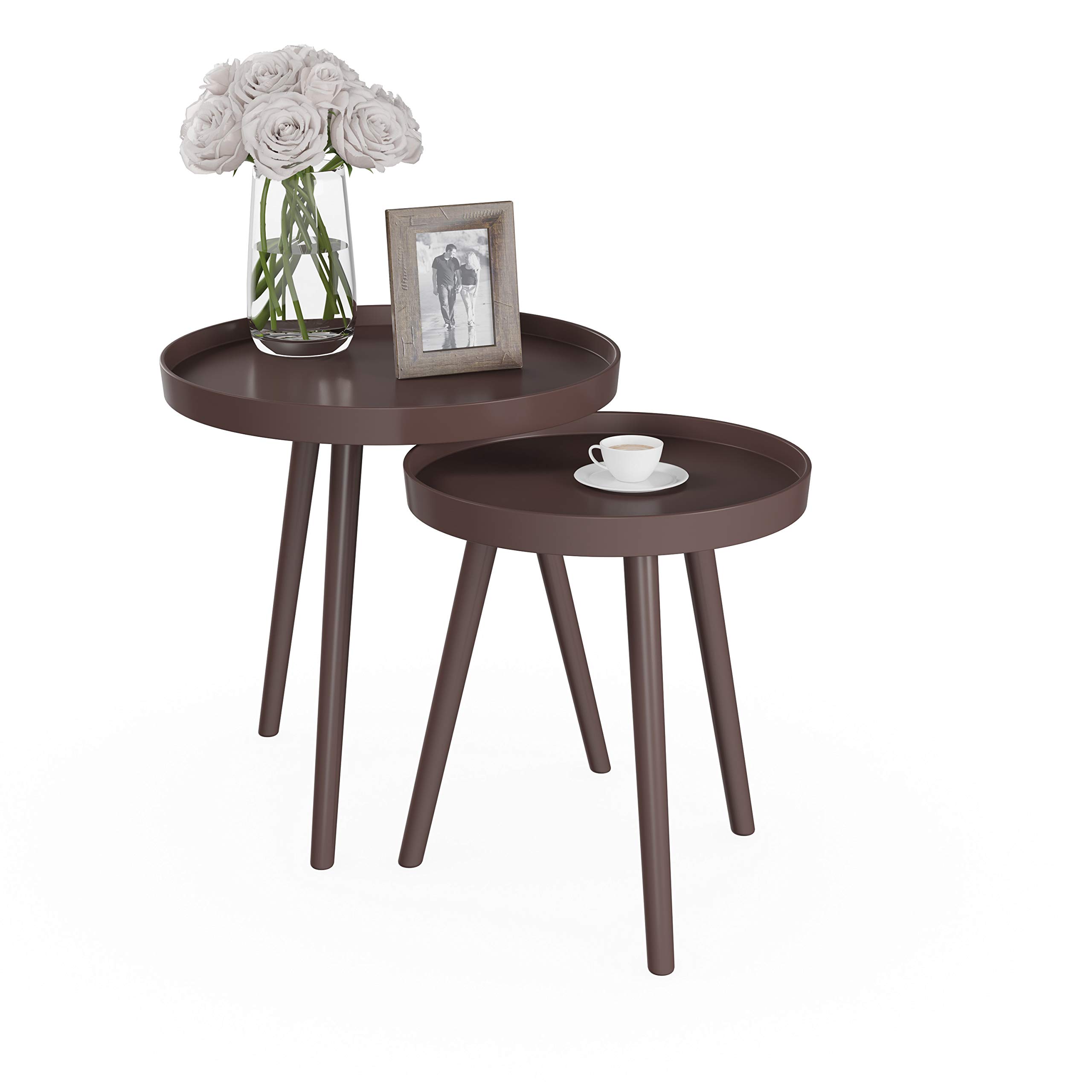 Lavish Home Nesting Side Tables - Set of 2 Round End Tables for Living Room, Bedroom, or Home Office - Mid-Century Modern Accent Table Set with Tray Tops - Brown Wood Nightstands - Perfect for Small Spaces, Coffee Table Alternatives & Stylish Home Decor
