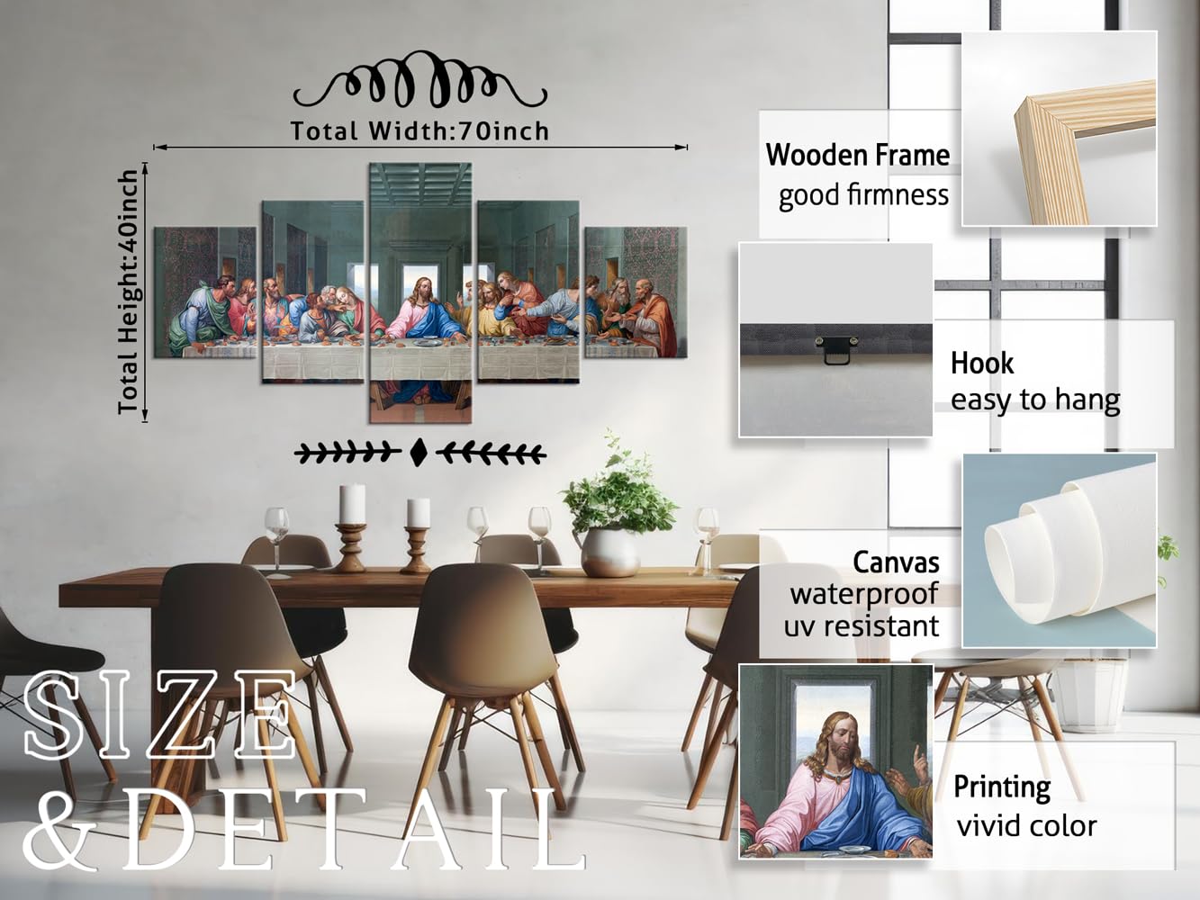 5 Piece Classic Jesus Wall Art - The Last Supper by Da Vinci Reproduction Oil Painting on Canvas, Stretched & Ready to Hang (70''W x 40''H) - Perfect for Living Room, Church, or Office Decor