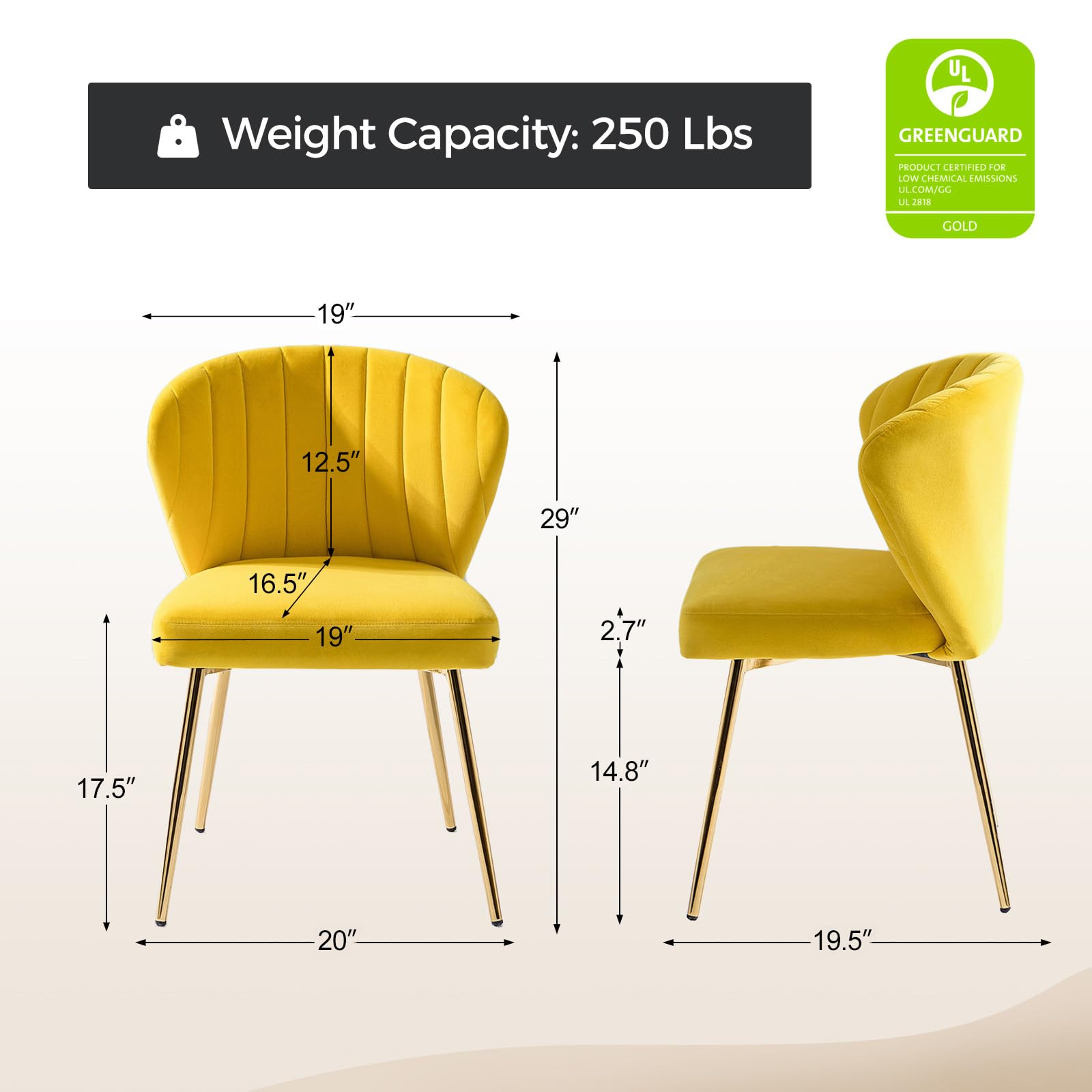 HULALA HOME Velvet Dining Chairs - Modern Small Armless Accent Chair with Gold Metal Legs, Upholstered Living Room Side Chair, Elegant Tufted Back Vanity Chair in Yellow | Perfect for Dining Room, Bedroom, Home Office & Makeup Area