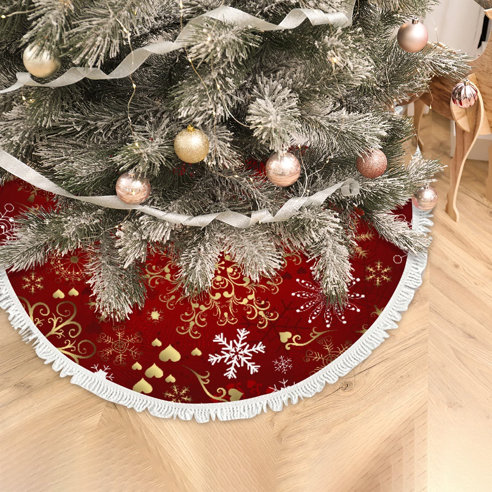 30 Inch Gold and Red Snowflake Christmas Tree Skirt - Rustic Holiday Decor for Indoor & Outdoor Use - Perfect for Christmas Party, Home Decoration, and Festive Gatherings