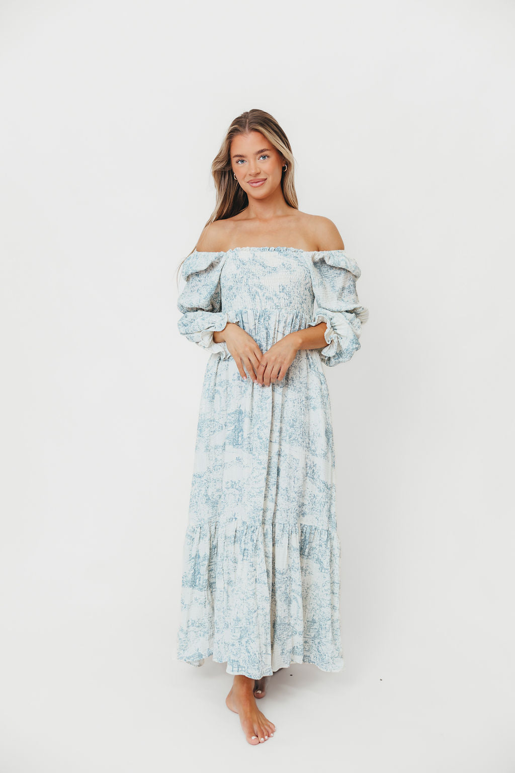 Emerson 100% Cotton Smocked Maxi Dress with Long Sleeves - Blue Toile Floral Print Maternity Bump Friendly | Perfect for Pregnancy, Nursing, Baby Showers & Special Occasions