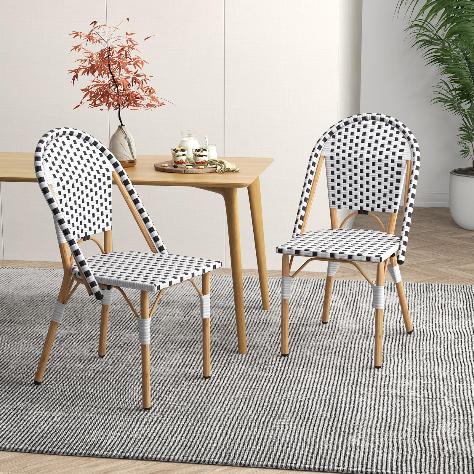 Tangkula French Bistro Chair Set of 4 - Outdoor Armless Dining Chairs with Hand-Woven Rattan & Galvanized Metal Frame - Patio Kitchen Garden Backyard Porch Accent Chairs (Black & White) - Perfect for Al Fresco Dining, Coffee Shops, and Coastal Decor