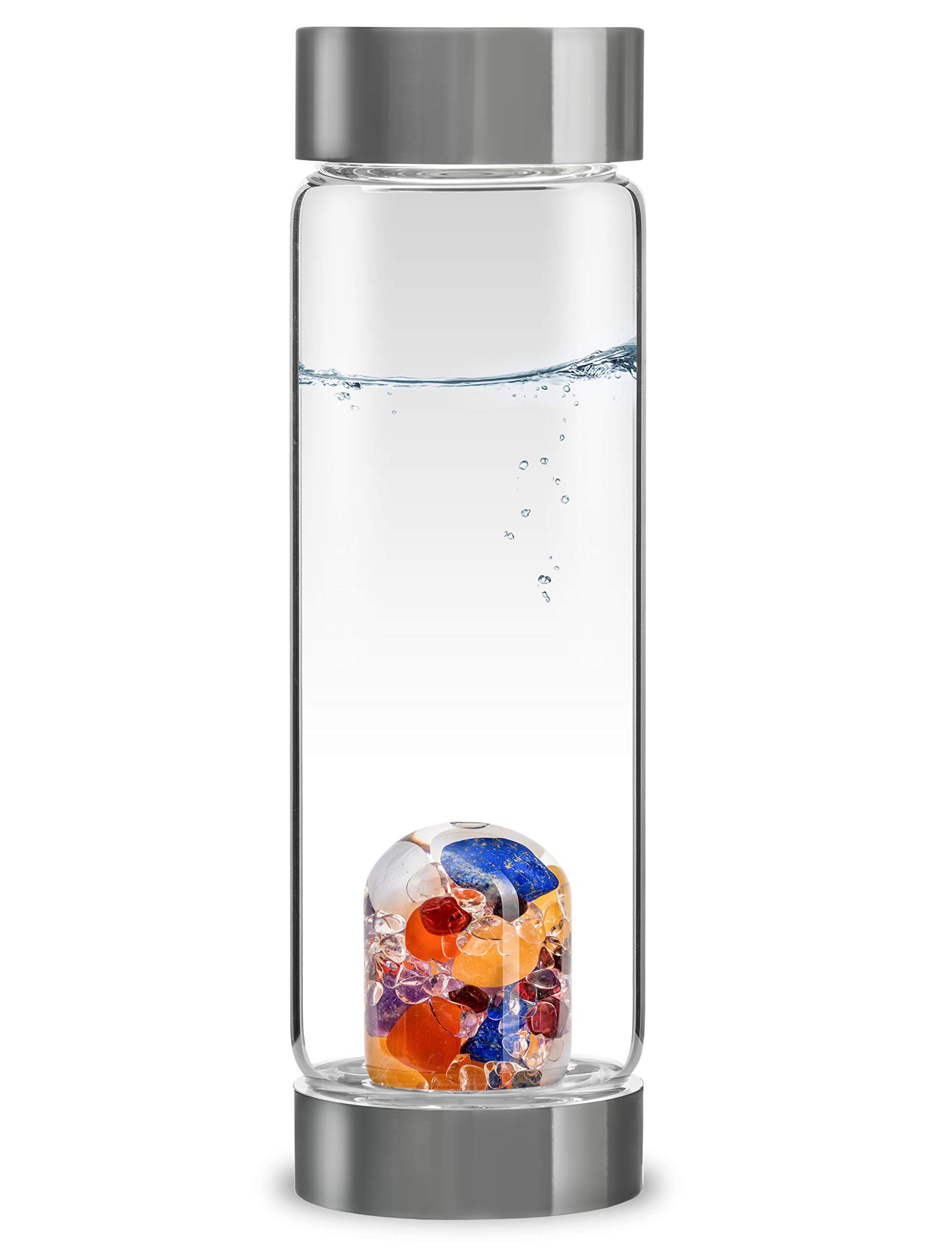 VitaJuwel ViA AYURVEDA Crystal Water Bottle with Amethyst, Milk Opal, Lapis Lazuli, Garnet, Carnelian & Orange Calcite - Infused Water for Wisdom, Intuition & Joy | Perfect for Yoga, Meditation & Energy Healing