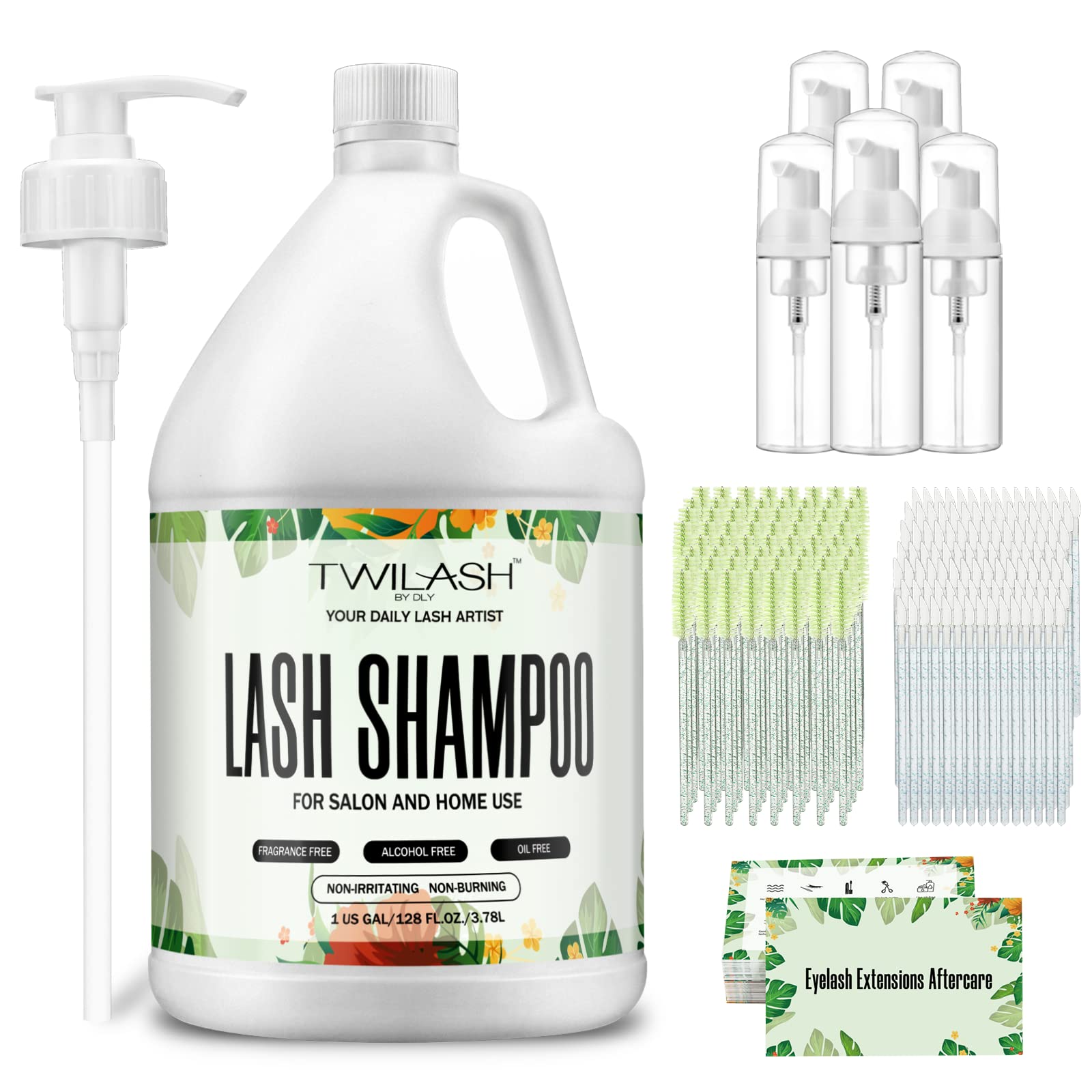 Professional Eyelash Extension Shampoo 1 Gallon (3.8L) Bulk - Includes 50 Aftercare Kits, 5 Foam Pump Bottles & Dispenser Pump - Gentle Eyelid Cleanser for Lash Extensions - Perfect for Salon Professionals & Home Use - Safe for Daily Cleaning & Lash Maintenance