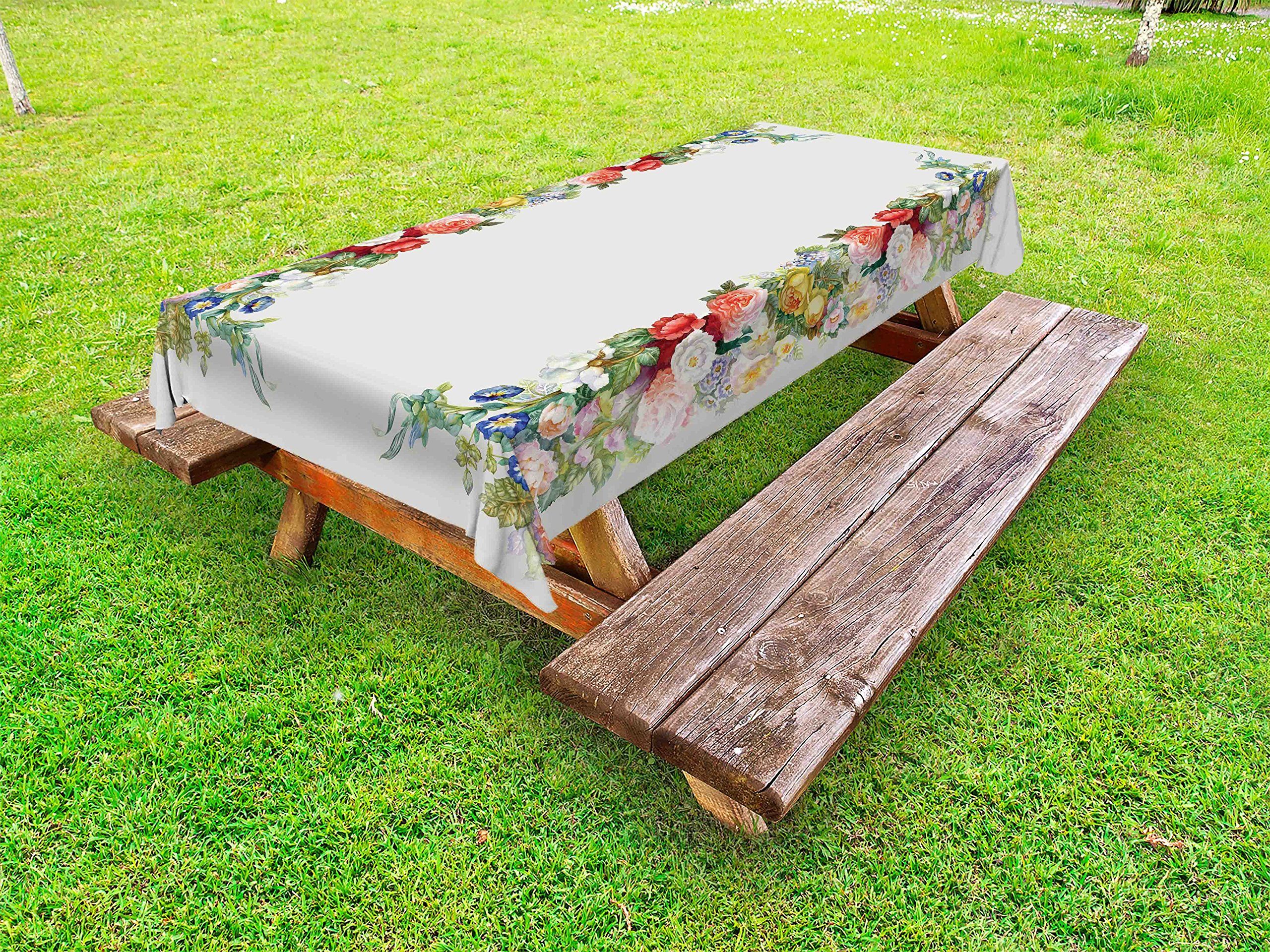 Ambesonne Victorian Outdoor Tablecloth - Rose Garland Pastel Tones with Jasmine & Cornflower Bouquet, Classic Bloom Design, Washable Picnic Table Cover 58x120 Inches, Red Yellow Green - Perfect for Garden Parties, Tea Time, and Outdoor Dining Events