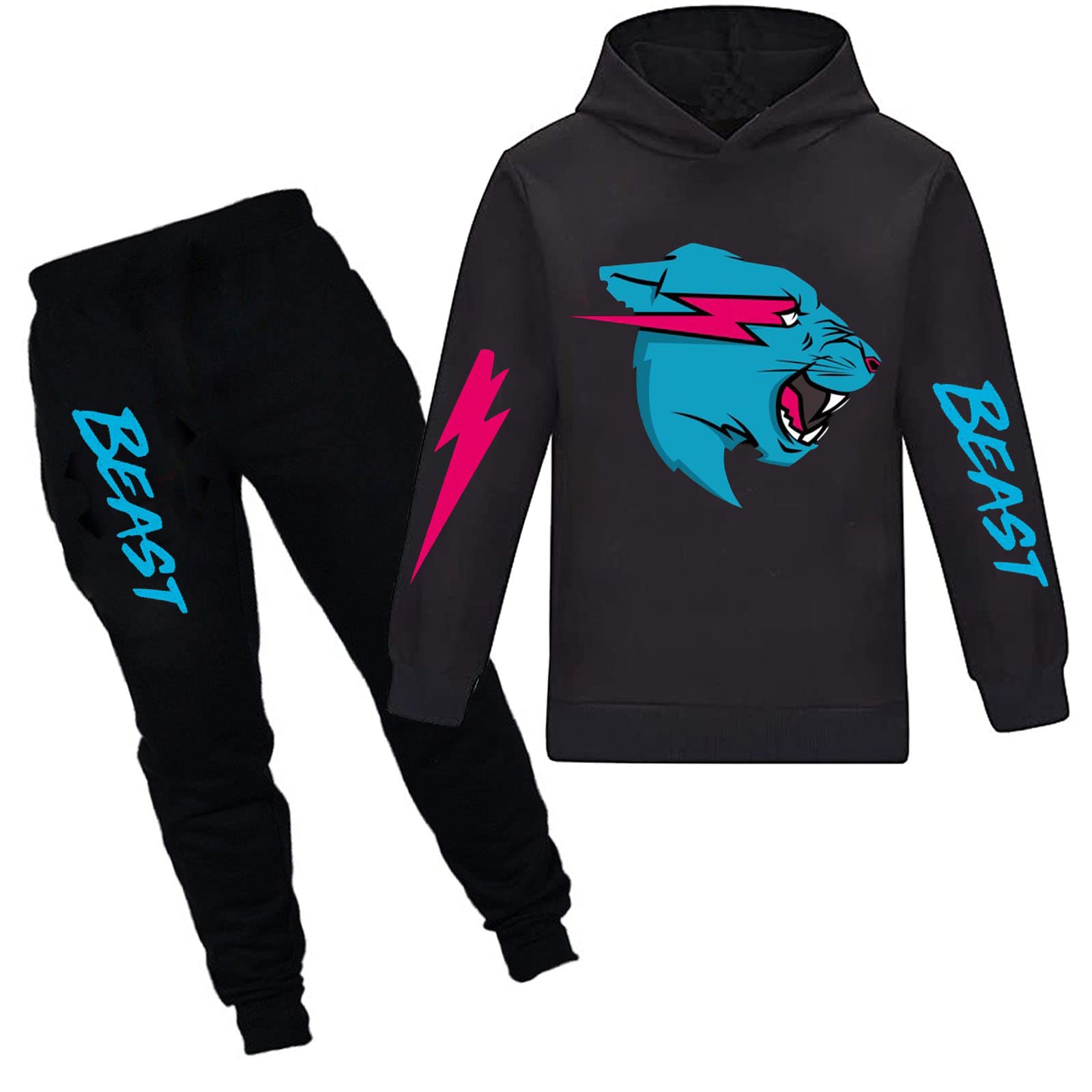 Mr Beast Boys' 2-Piece Hoodie and Sweatpants Set with Cat & Lightning Print - Cozy Outfit for School, Playdates & Casual Wear