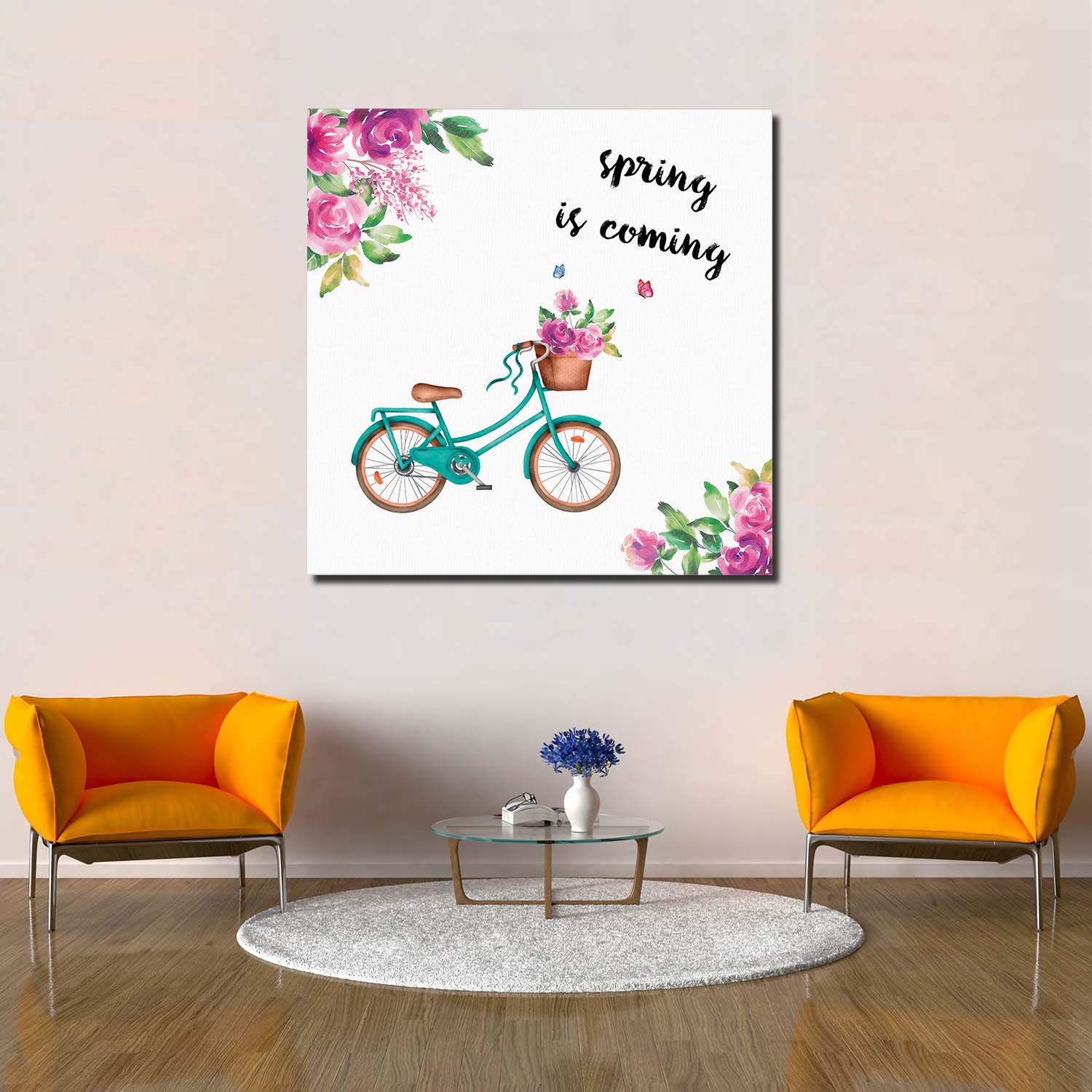 Square Canvas Wall Art - Bicycle & Flowers Spring Coming Pattern - 8x8 Inches Ready to Hang - Modern Home Decor for Living Room, Bedroom, Office - Perfect for Spring Refresh & Housewarming Gifts
