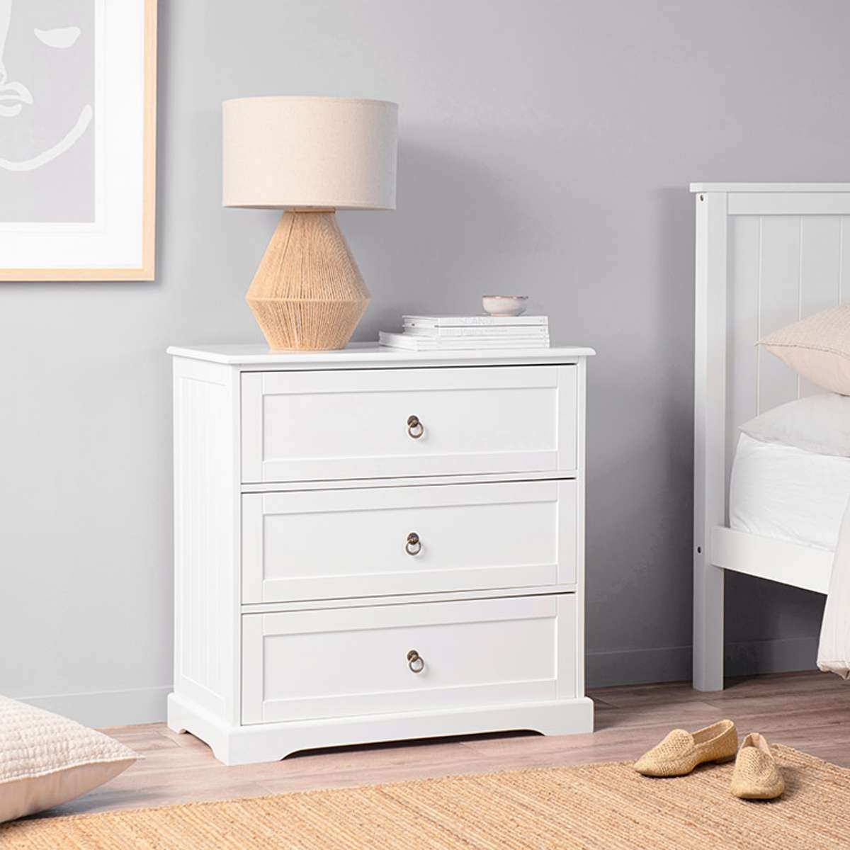 Hamptons Three Drawer Nightstand - White Coastal Bedside Table with Storage for Bedroom, Guest Room & Nursery | Perfect for Beach House Decor
