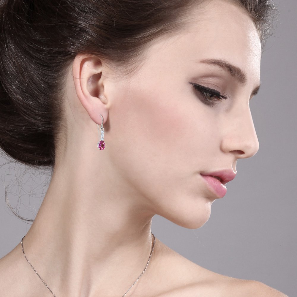 10K White Gold Pink Mystic Topaz & White Zirconia Drop Earrings for Women - 1.28 Cttw Oval Gemstone Dangle Earrings (6x4mm) | Elegant Jewelry for Parties, Weddings & Special Occasions