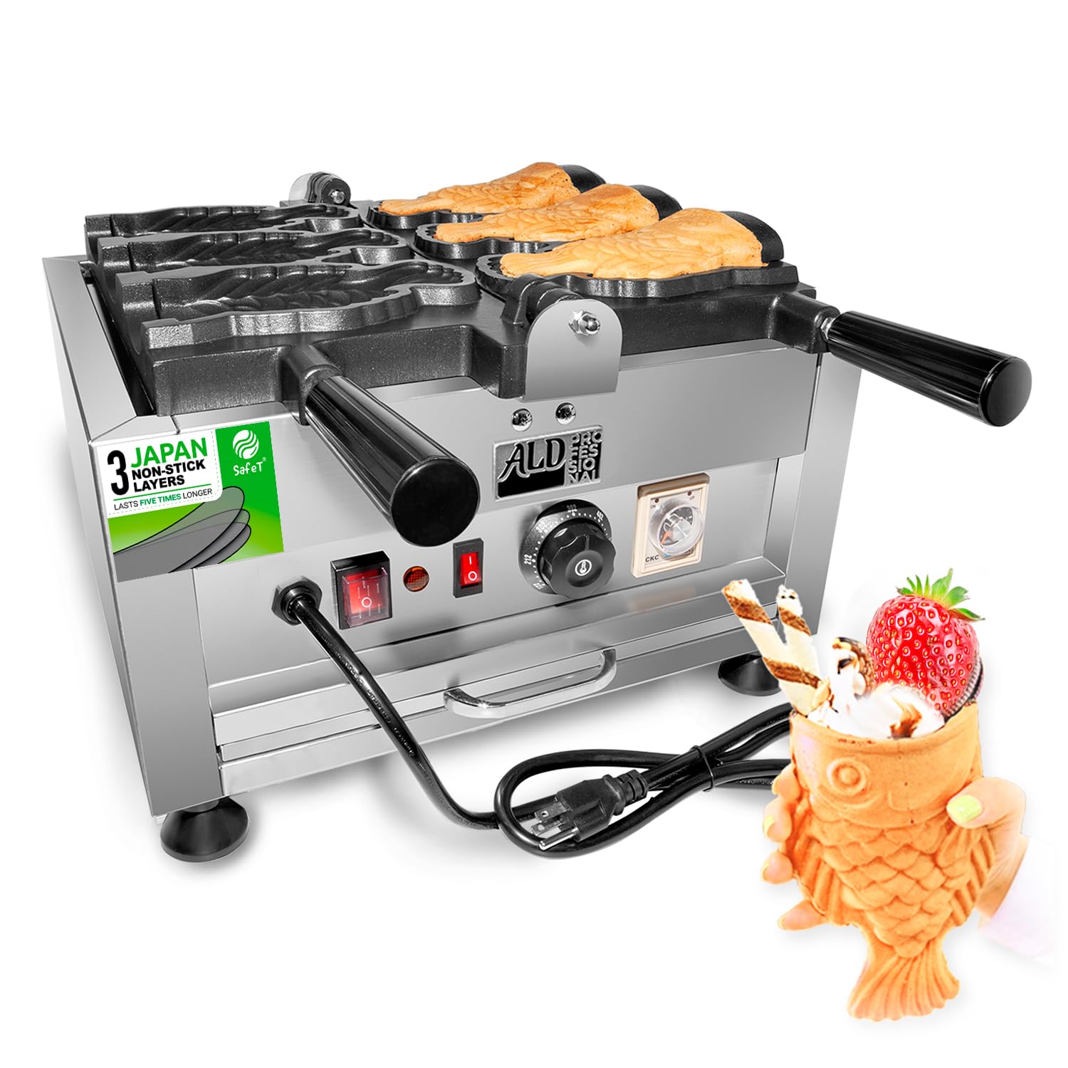 Professional ALDKitchen Taiyaki Fish Waffle Maker - Stainless Steel Nonstick Electric Griddle with 3 Fish-Shaped Molds | 110V 2000W | Perfect for Home, Cafes & Street Food Business