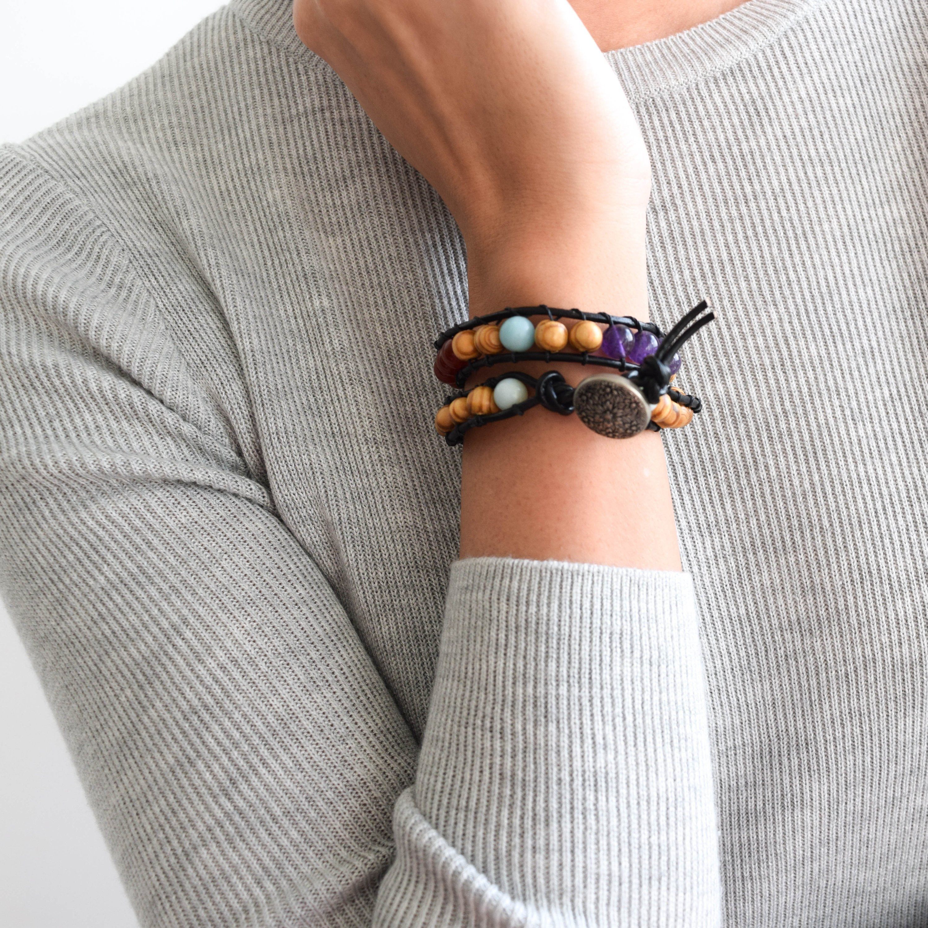 Stylish Mixed Crystal Wrap Bracelet with Natural Olive Wood Beads - Perfect for Boho Fashion, Yoga Accessories & Spiritual Healing Jewelry