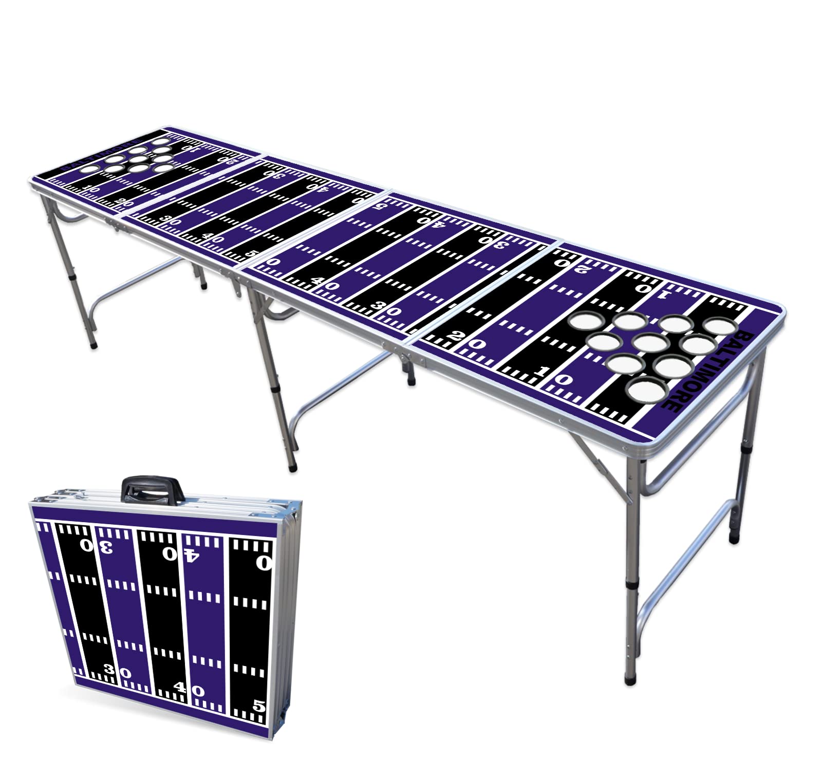 8-Foot Folding Portable Beer Pong Table with Optional Cup Holes & LED Lights - Baltimore Football Field Design (Choose Your Model) - Perfect for Backyard Parties, Tailgating & College Events