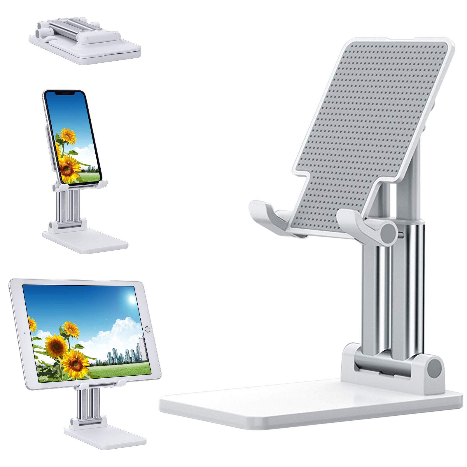 Adjustable Cell Phone Stand with Dual Tube Foldable Design - Portable Tablet Holder for Desk, Anti-Slip Phone Stand Compatible with iPad, iPhone & Smartphones (White) - Perfect for Office, Home & Travel Use