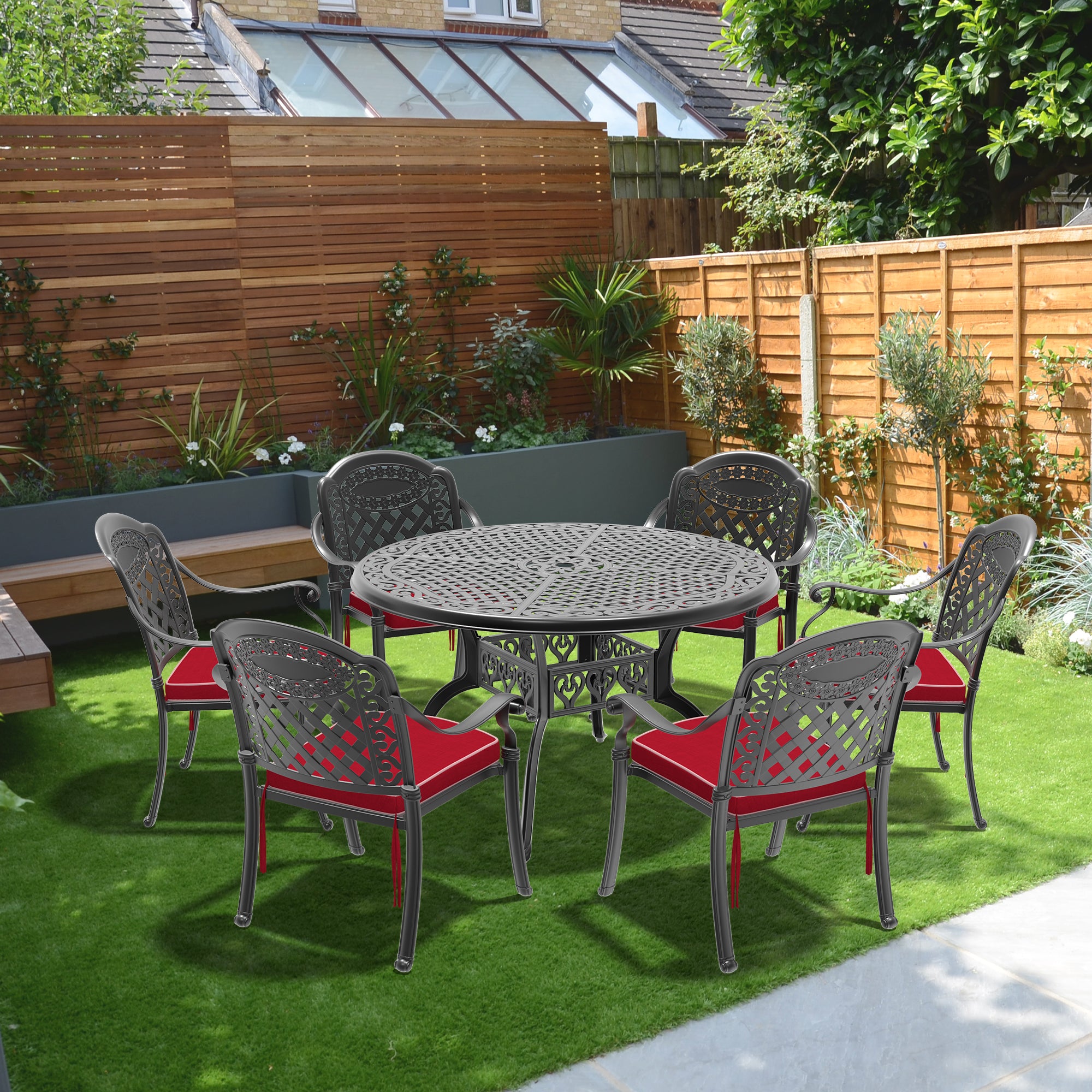 7-Piece Cast Aluminum Patio Furniture Set with Cushions (Multiple Color Options) - Outdoor Dining & Lounge Set for Garden, Poolside, and Backyard Relaxation