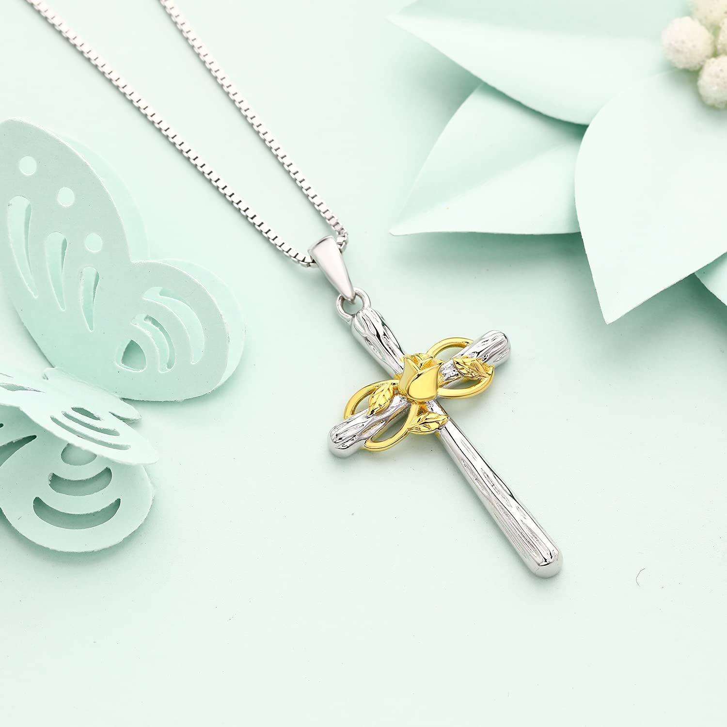 Sterling Silver Cross Necklace with Infinity Rose - Christian Baptism Pendant Gift for Women, Girls, Teens | Religious Jewelry for Church, Wedding, Confirmation & Special Occasions