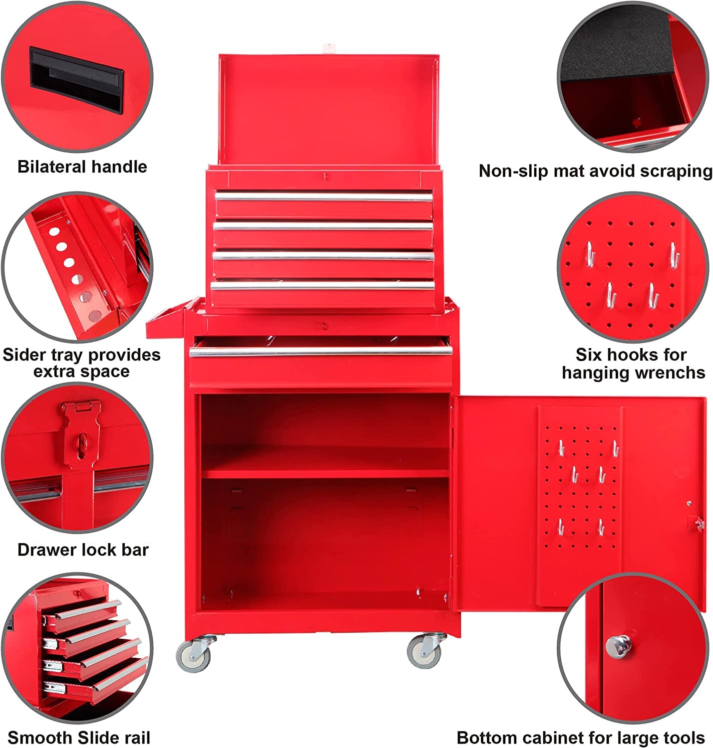 TCE ATBT1204T-RED Torin 4-Drawer Rolling Tool Chest with Detachable Storage Cabinet & Adjustable Shelf - Heavy Duty Garage Workshop Organizer (Red) - Perfect for Mechanics, DIY Enthusiasts & Home Improvement Projects