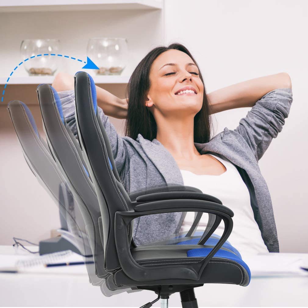 Ergonomic Office Chair with Lumbar Support - Adjustable Height Swivel Rolling Computer Chair for Gaming, Executive & Home Office - Breathable Leather Task Chair (Blue) - Perfect for Long Work Hours & Gaming Sessions