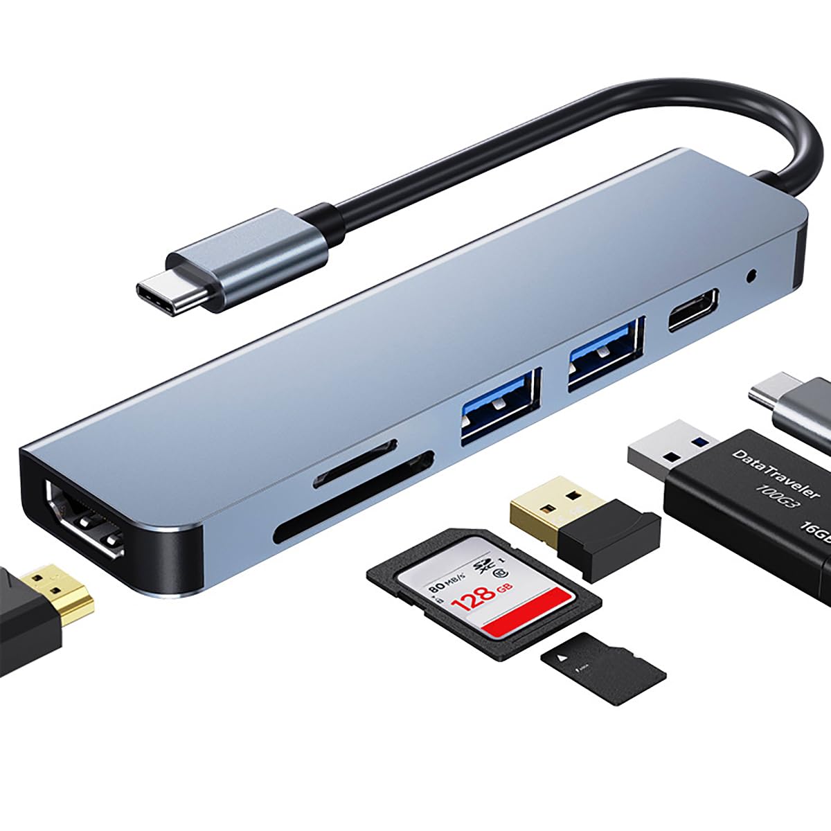 6-in-1 USB C Hub with 4K HDMI, USB 3.0, USB 2.0, SD/TF Card Reader & 87W PD - Multiport Adapter for MacBook Pro & USB C Laptops - Perfect for Work, Travel & Home Office Connectivity