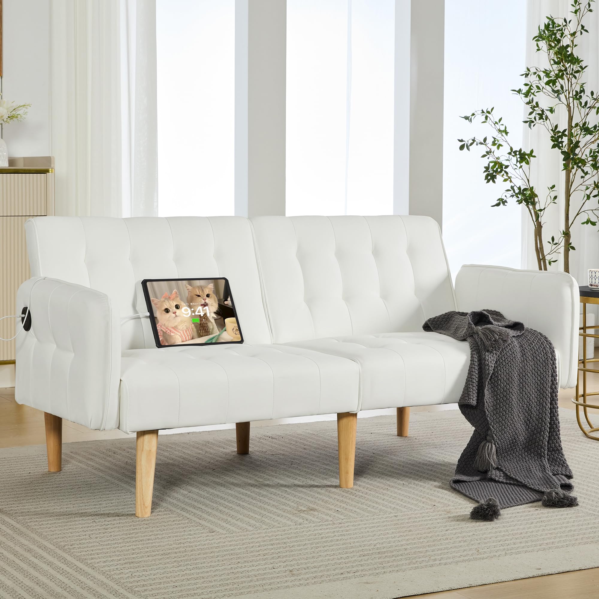 Modern Faux Leather Convertible USB Folding Futon Sofa Bed - 65