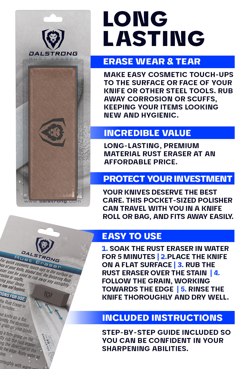 Dalstrong Rust Eraser - High-Quality Stainless Steel Rust Remover Tool for Knives, Tools & Cookware | Perfect for Kitchen, Workshop & Outdoor Use