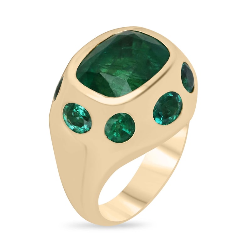 11.61tcw 18K Gold Cushion Oval Cut Natural Multi Emerald Gypsy Statement 9 Stone Ring for Women - Elegant Wedding, Anniversary, Party & Evening Wear Jewelry Gift