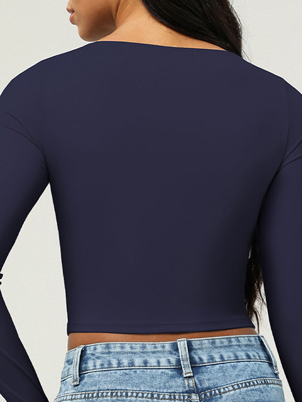 ZASUWA Women's Square Neck Long Sleeve Top with Chest Pads & Thumbholes - Perfect for Yoga, Workout, and Casual Wear